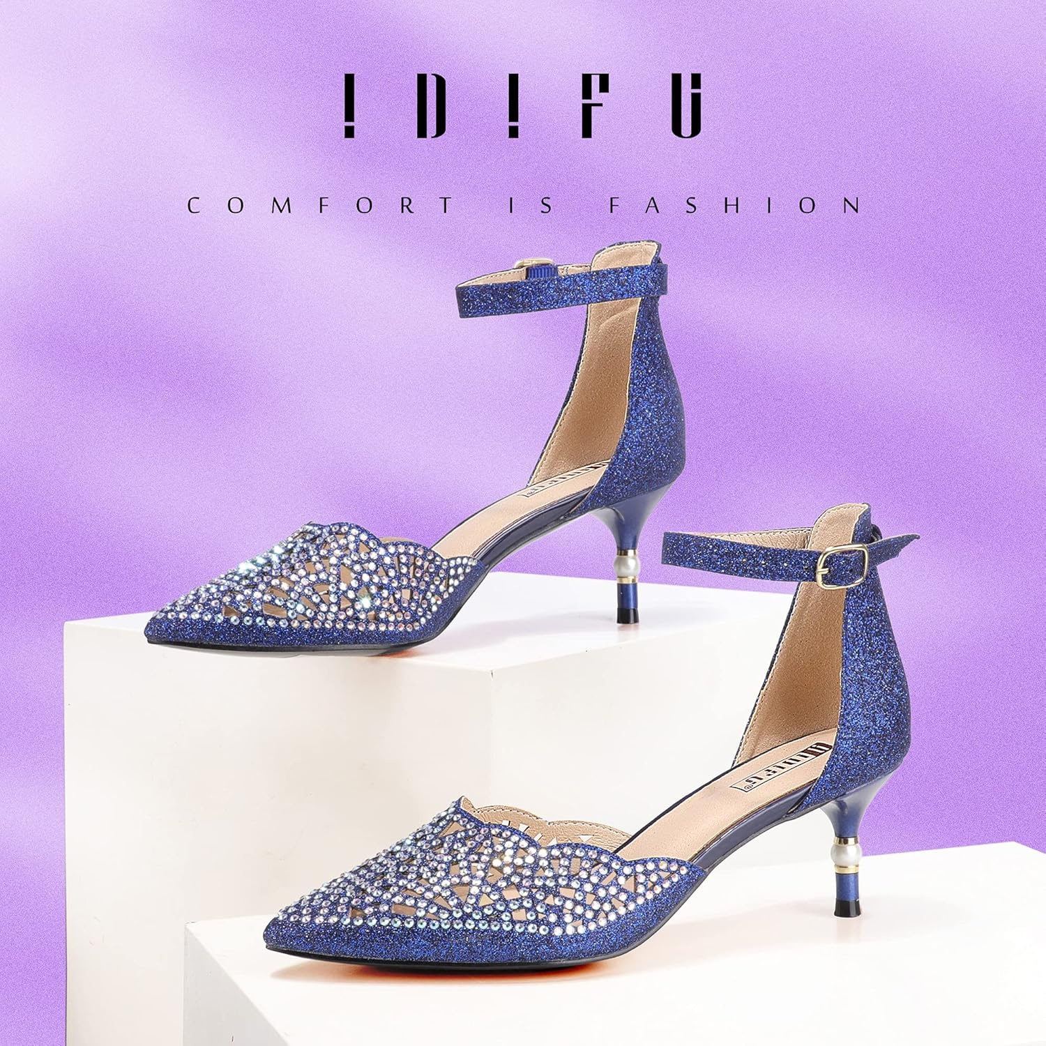 image:imageIDIFU Womens IN2 Candice Wedding Rhinestones Sequins Low Kitten Heels Pumps Dress Evening Shoes for Women Bridal BrideBlue Glitter