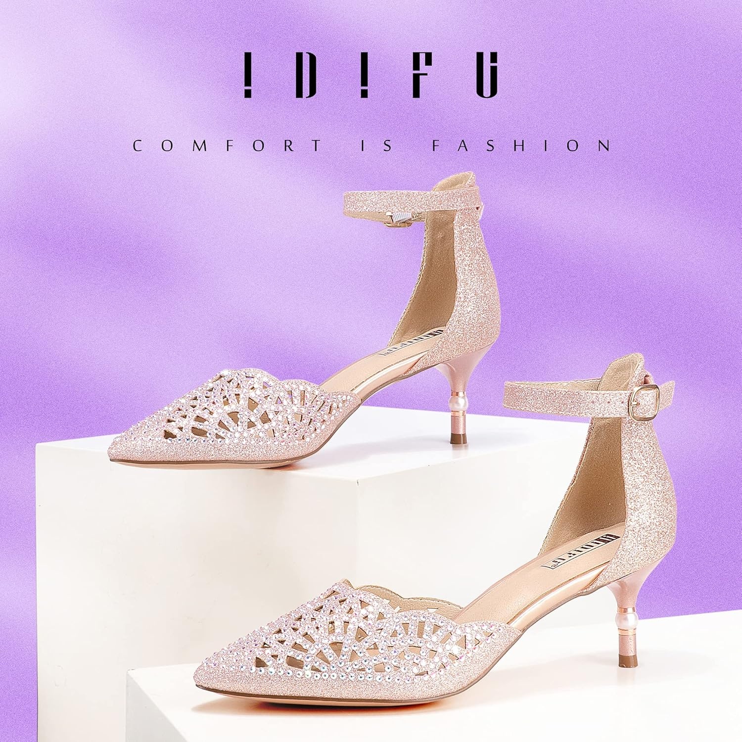 image:imageIDIFU Womens IN2 Candice Wedding Rhinestones Sequins Low Kitten Heels Pumps Dress Evening Shoes for Women Bridal BrideRose Gold Glitter