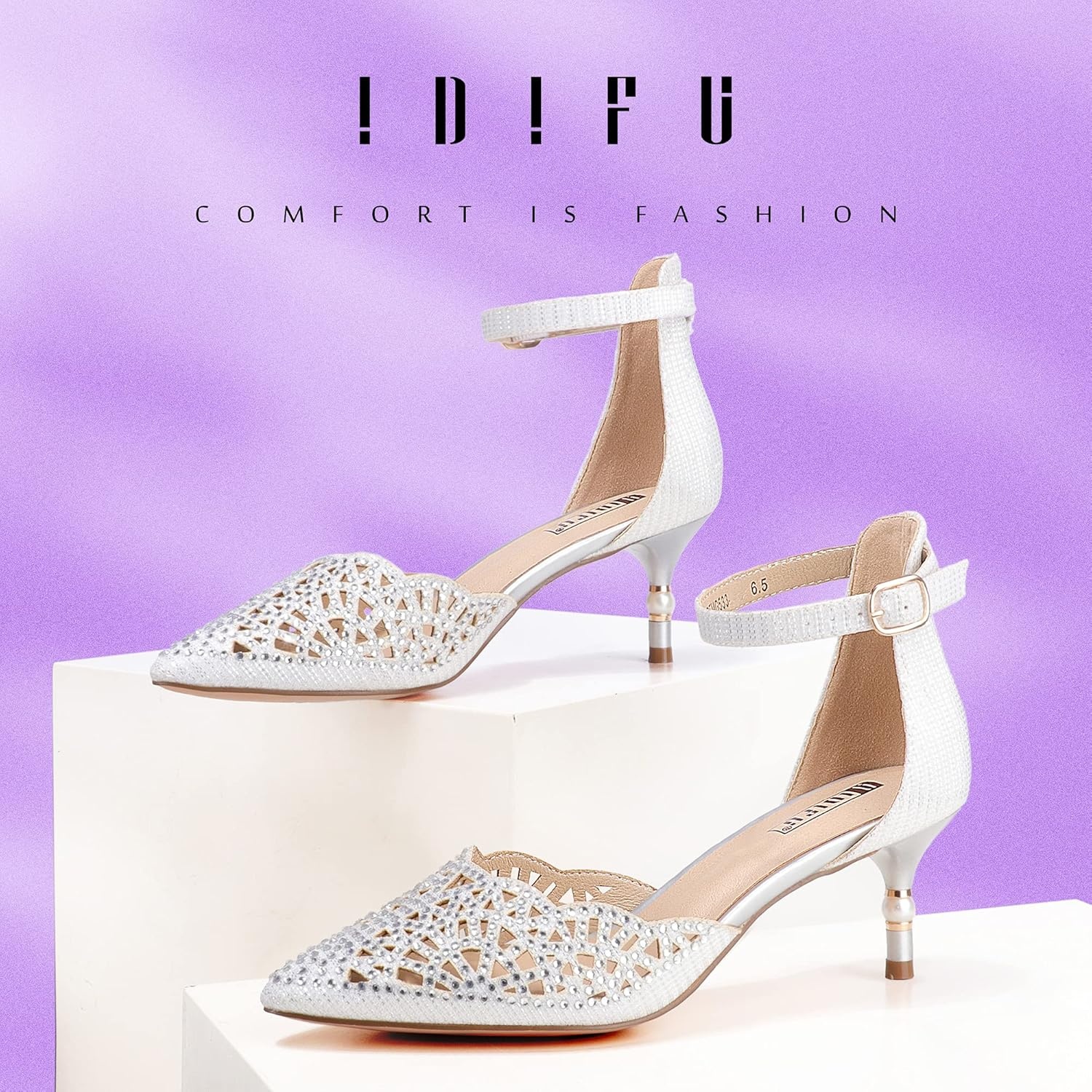 image:imageIDIFU Womens IN2 Candice Wedding Rhinestones Sequins Low Kitten Heels Pumps Dress Evening Shoes for Women Bridal BrideWhite