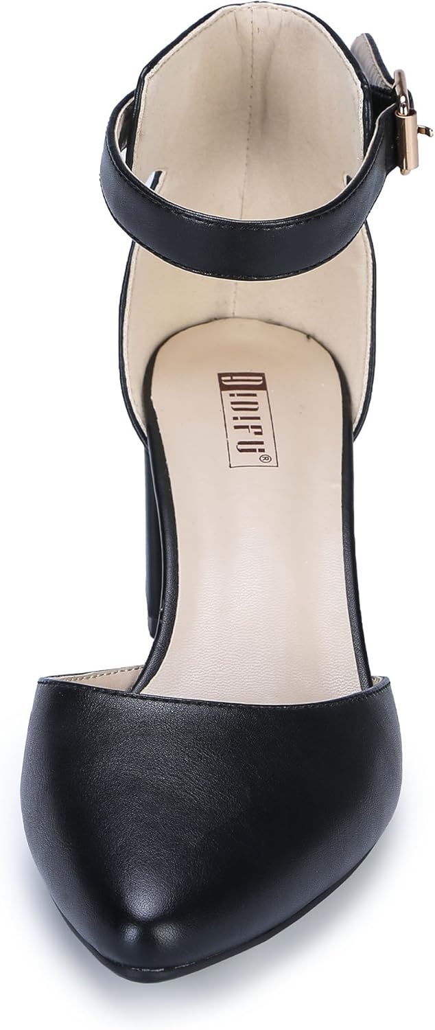 image:imageIDIFU Womens IN2 Pedazo Dress Shoes Low Block Heels Comfortable Chunky Closed Toe Ankle Strap Wedding PumpsBlack Pu