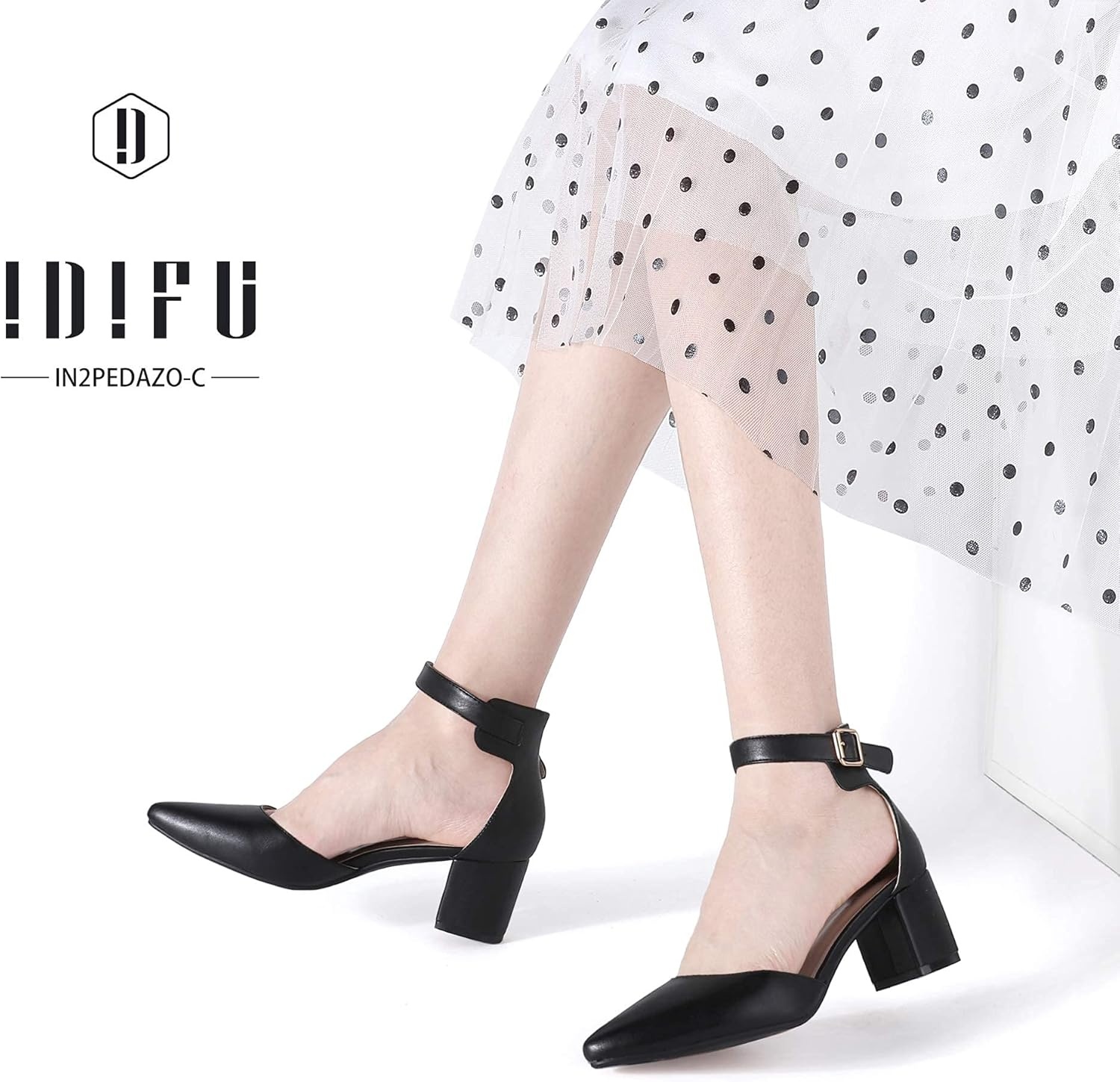 image:imageIDIFU Womens IN2 Pedazo Dress Shoes Low Block Heels Comfortable Chunky Closed Toe Ankle Strap Wedding PumpsBlack Pu