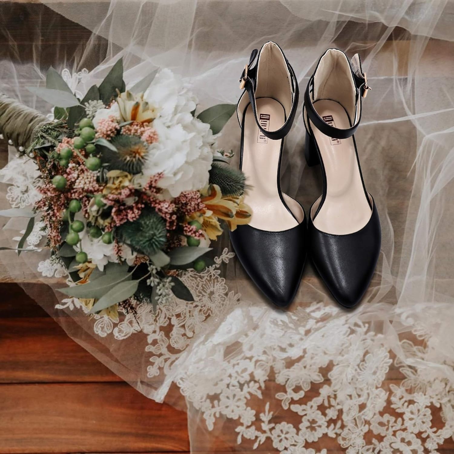 image:imageIDIFU Womens IN2 Pedazo Dress Shoes Low Block Heels Comfortable Chunky Closed Toe Ankle Strap Wedding PumpsBlack Pu