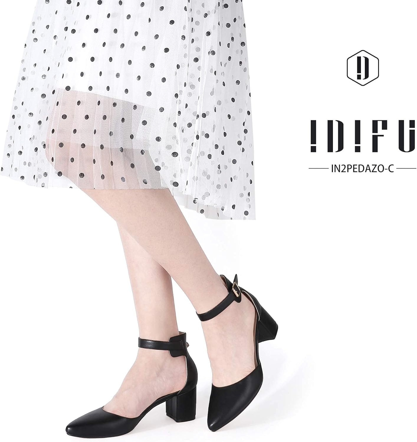 image:imageIDIFU Womens IN2 Pedazo Dress Shoes Low Block Heels Comfortable Chunky Closed Toe Ankle Strap Wedding PumpsBlack Pu