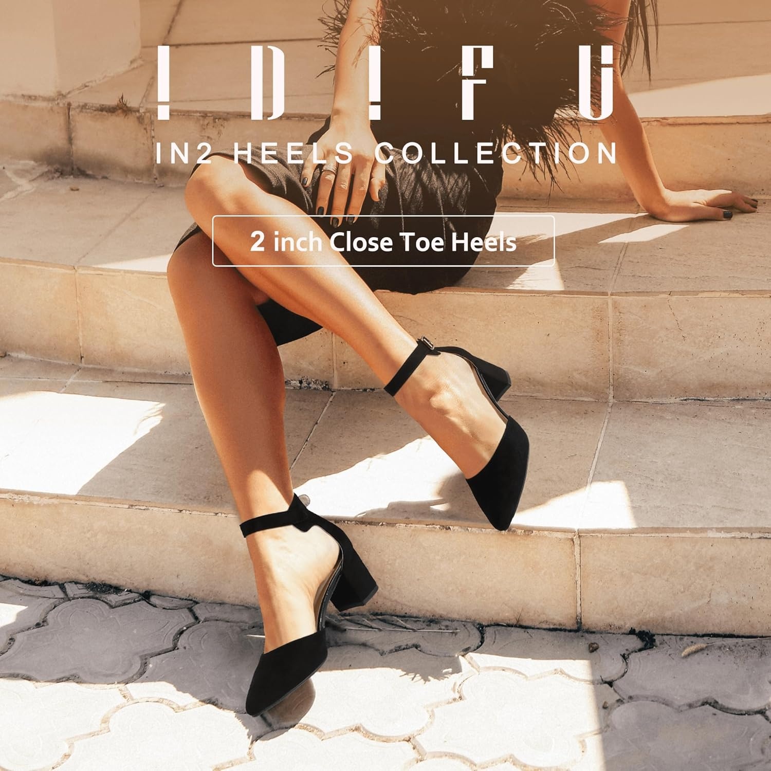 image:imageIDIFU Womens IN2 Pedazo Dress Shoes Low Block Heels Comfortable Chunky Closed Toe Ankle Strap Wedding PumpsBlack Suede