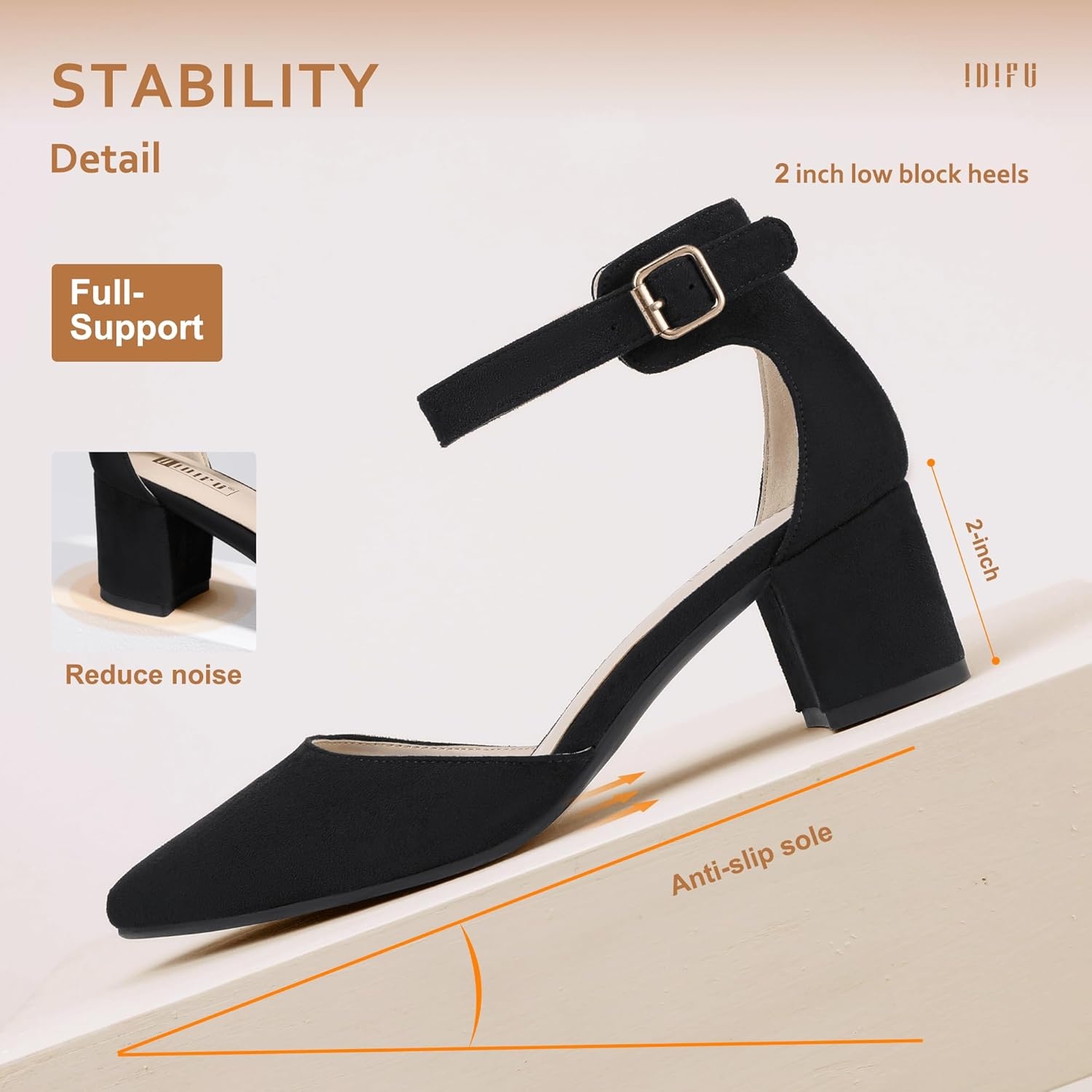 image:imageIDIFU Womens IN2 Pedazo Dress Shoes Low Block Heels Comfortable Chunky Closed Toe Ankle Strap Wedding PumpsBlack Suede