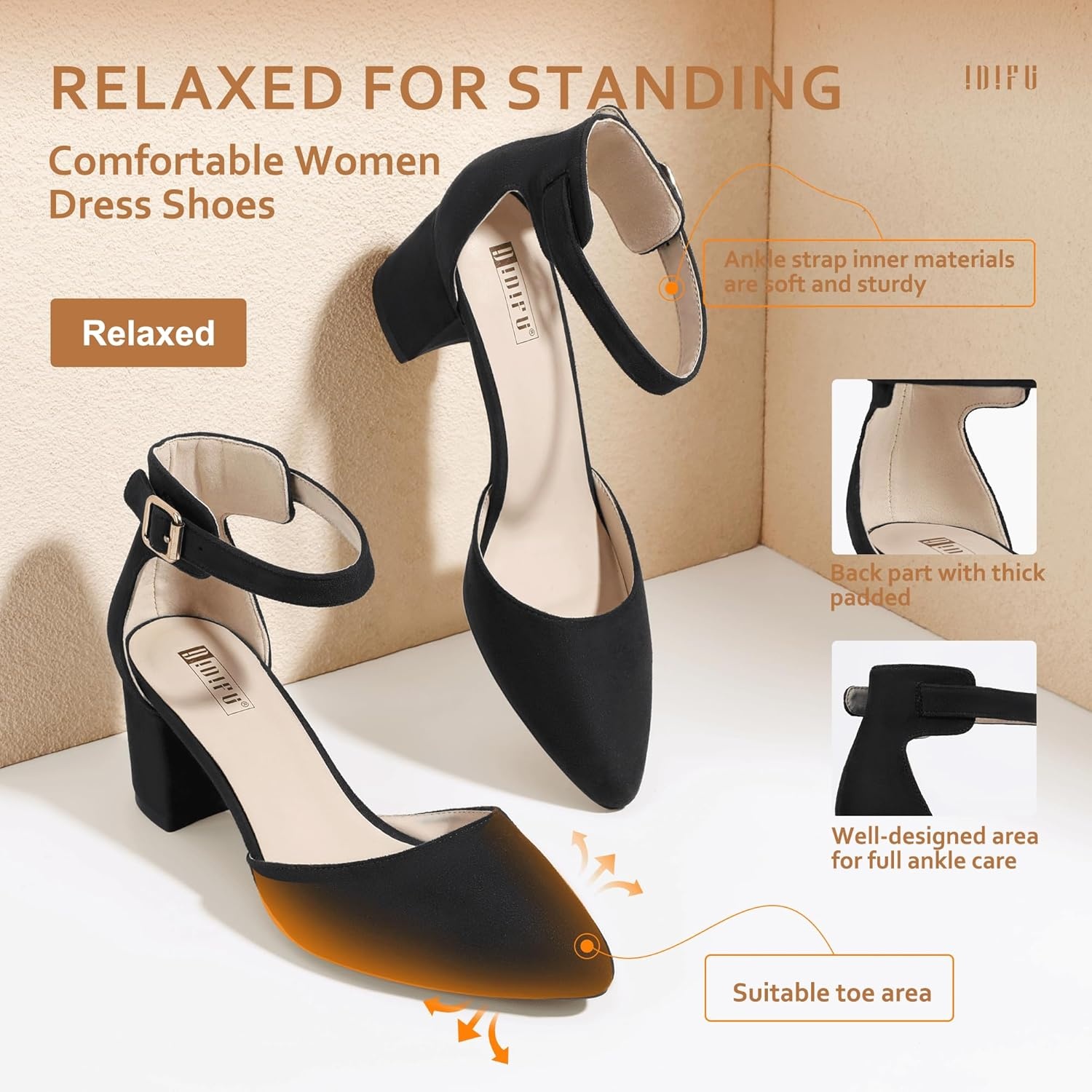 image:imageIDIFU Womens IN2 Pedazo Dress Shoes Low Block Heels Comfortable Chunky Closed Toe Ankle Strap Wedding PumpsBlack Suede
