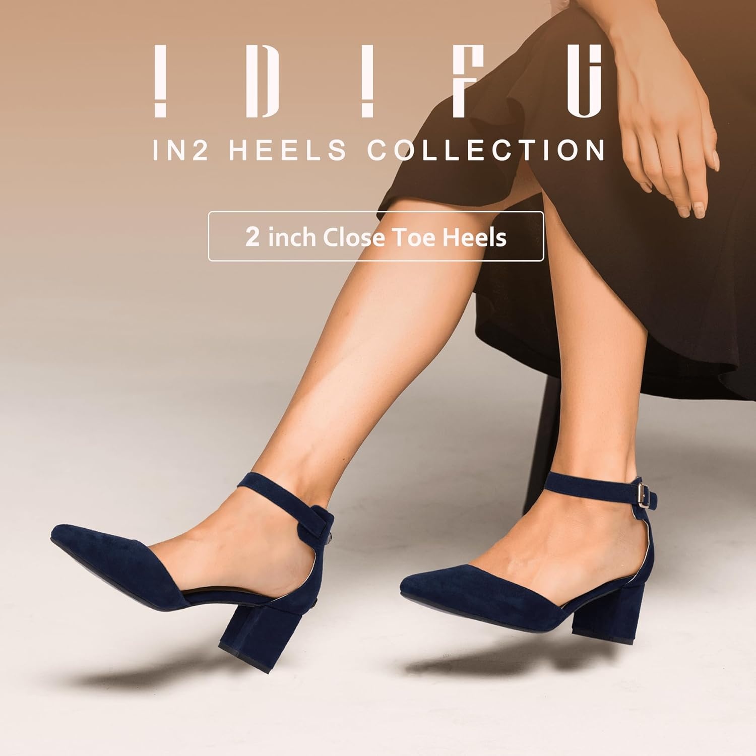 image:imageIDIFU Womens IN2 Pedazo Dress Shoes Low Block Heels Comfortable Chunky Closed Toe Ankle Strap Wedding PumpsBlue Suede