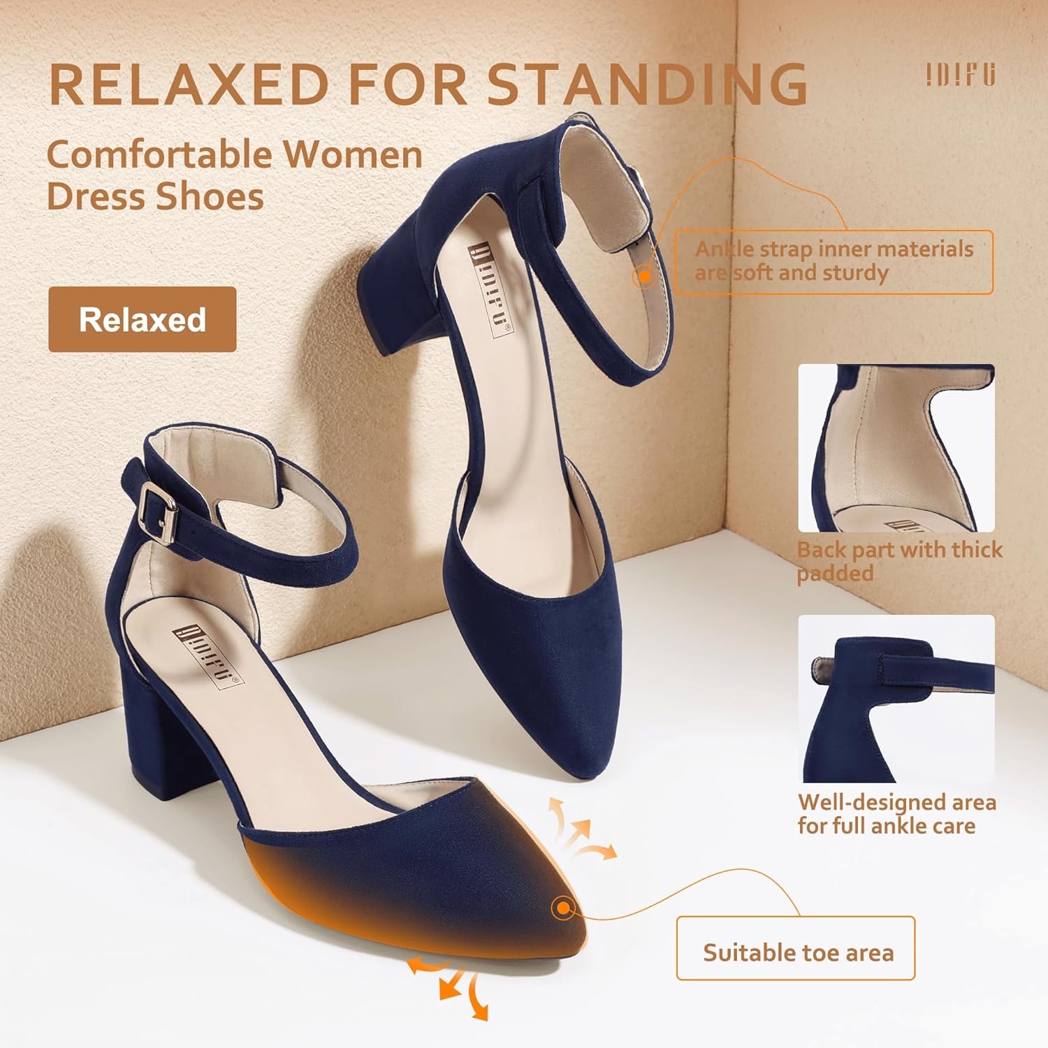 image:imageIDIFU Womens IN2 Pedazo Dress Shoes Low Block Heels Comfortable Chunky Closed Toe Ankle Strap Wedding PumpsBlue Suede