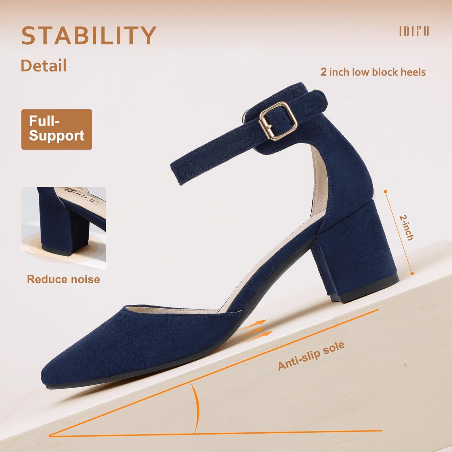 image:imageIDIFU Womens IN2 Pedazo Dress Shoes Low Block Heels Comfortable Chunky Closed Toe Ankle Strap Wedding PumpsBlue Suede