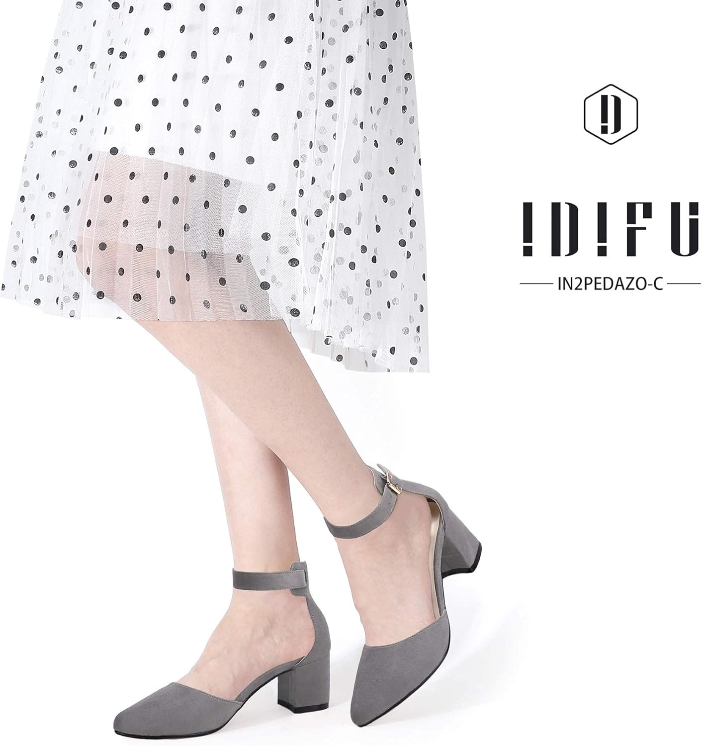 image:imageIDIFU Womens IN2 Pedazo Dress Shoes Low Block Heels Comfortable Chunky Closed Toe Ankle Strap Wedding PumpsGray Suede