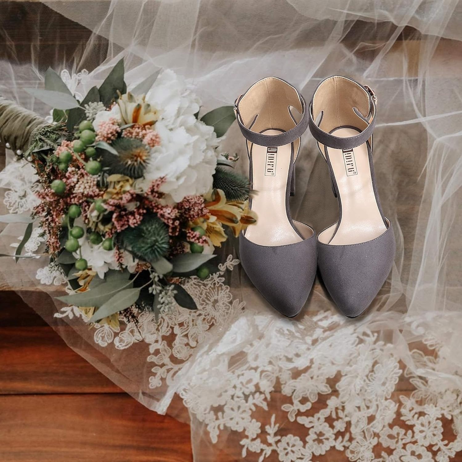 image:imageIDIFU Womens IN2 Pedazo Dress Shoes Low Block Heels Comfortable Chunky Closed Toe Ankle Strap Wedding PumpsGray Suede