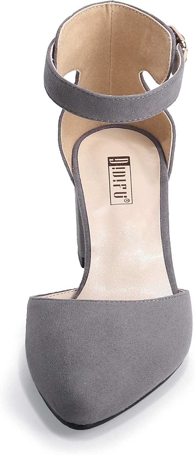 image:imageIDIFU Womens IN2 Pedazo Dress Shoes Low Block Heels Comfortable Chunky Closed Toe Ankle Strap Wedding PumpsGray Suede