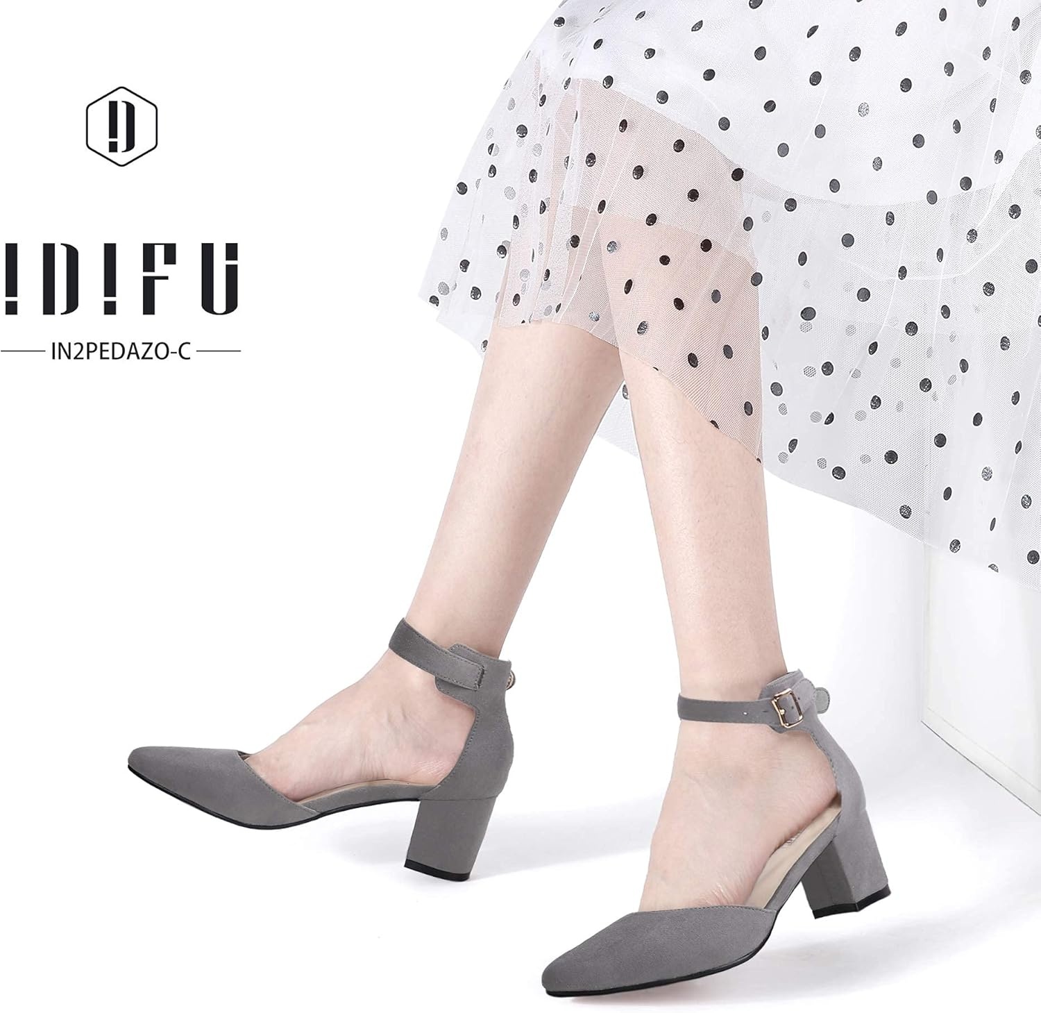 image:imageIDIFU Womens IN2 Pedazo Dress Shoes Low Block Heels Comfortable Chunky Closed Toe Ankle Strap Wedding PumpsGray Suede