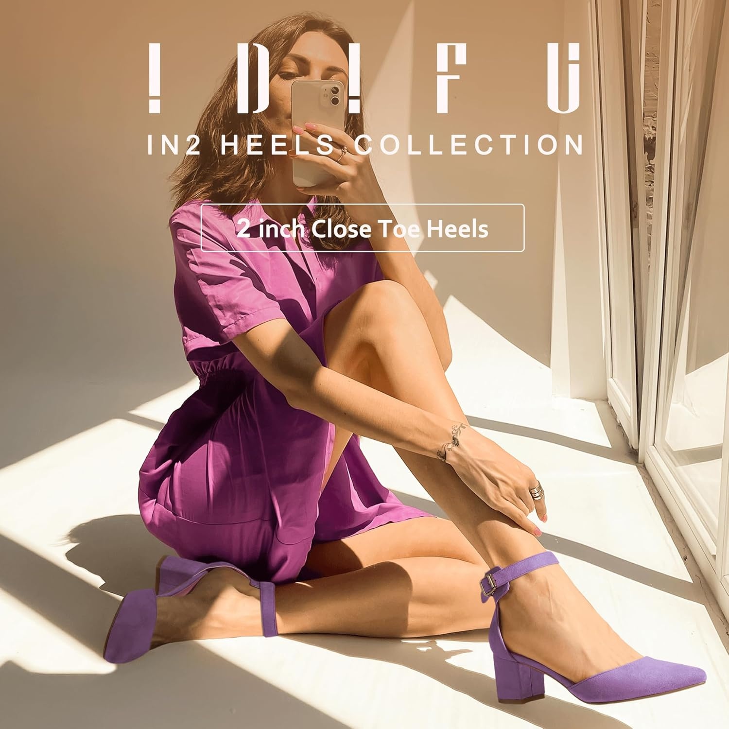 image:imageIDIFU Womens IN2 Pedazo Dress Shoes Low Block Heels Comfortable Chunky Closed Toe Ankle Strap Wedding PumpsLavender Suede