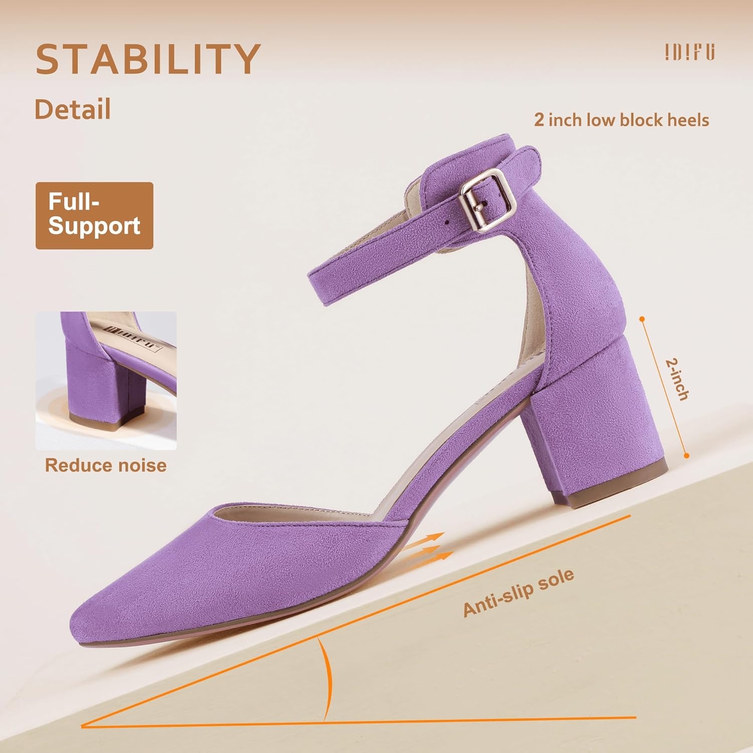 image:imageIDIFU Womens IN2 Pedazo Dress Shoes Low Block Heels Comfortable Chunky Closed Toe Ankle Strap Wedding PumpsLavender Suede