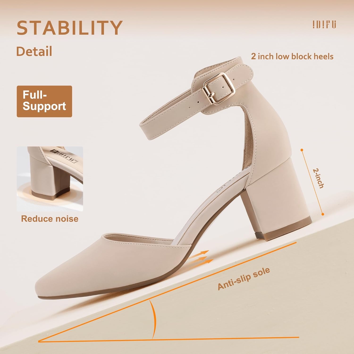 image:imageIDIFU Womens IN2 Pedazo Dress Shoes Low Block Heels Comfortable Chunky Closed Toe Ankle Strap Wedding PumpsNude Nubuck