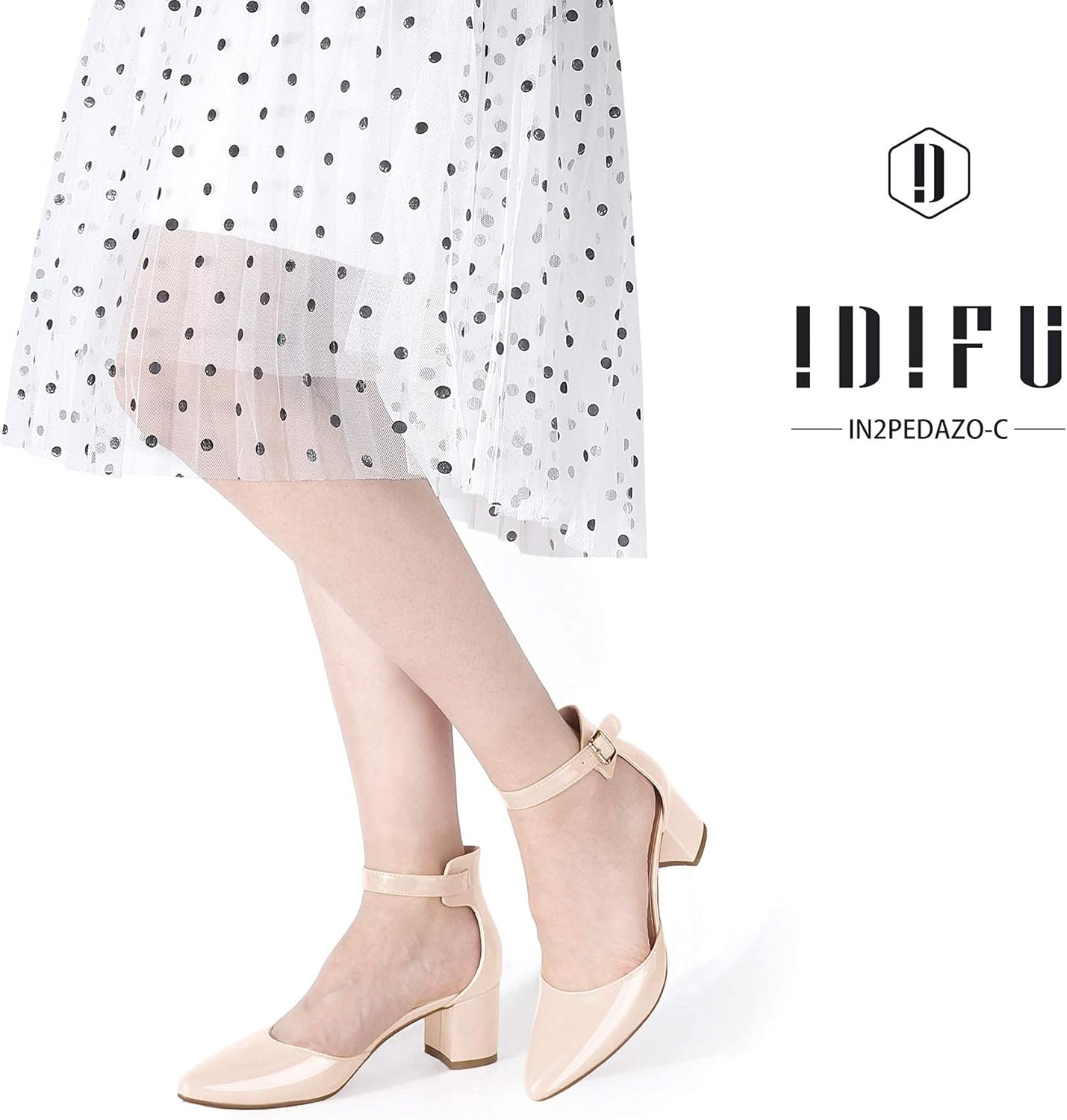 image:imageIDIFU Womens IN2 Pedazo Dress Shoes Low Block Heels Comfortable Chunky Closed Toe Ankle Strap Wedding PumpsNude Patent