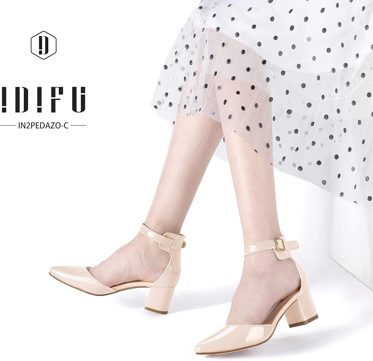 image:imageIDIFU Womens IN2 Pedazo Dress Shoes Low Block Heels Comfortable Chunky Closed Toe Ankle Strap Wedding PumpsNude Patent