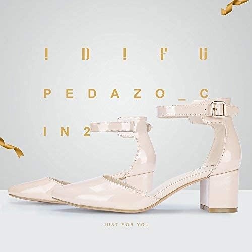 image:imageIDIFU Womens IN2 Pedazo Dress Shoes Low Block Heels Comfortable Chunky Closed Toe Ankle Strap Wedding PumpsNude Patent