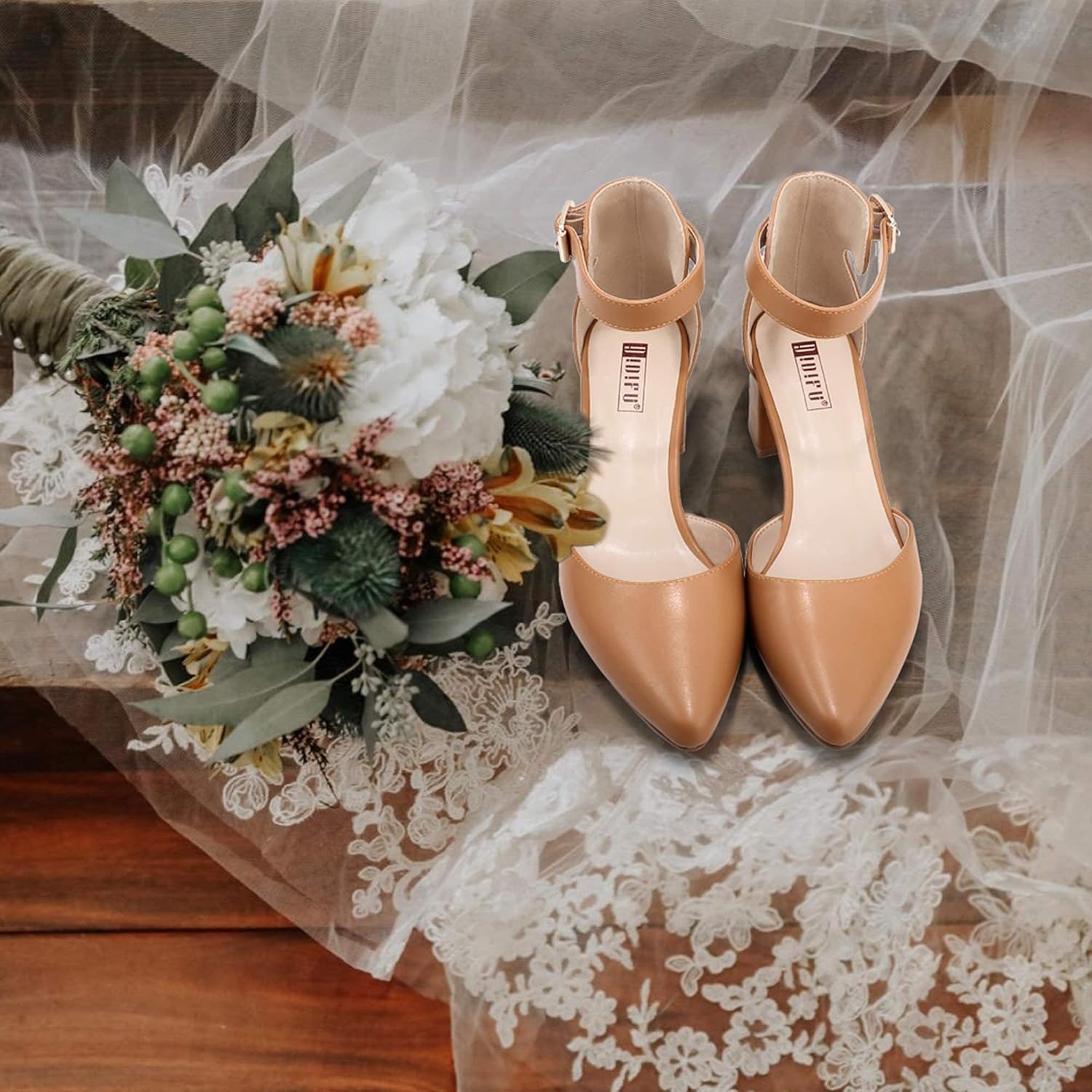 image:imageIDIFU Womens IN2 Pedazo Dress Shoes Low Block Heels Comfortable Chunky Closed Toe Ankle Strap Wedding PumpsNude Pu