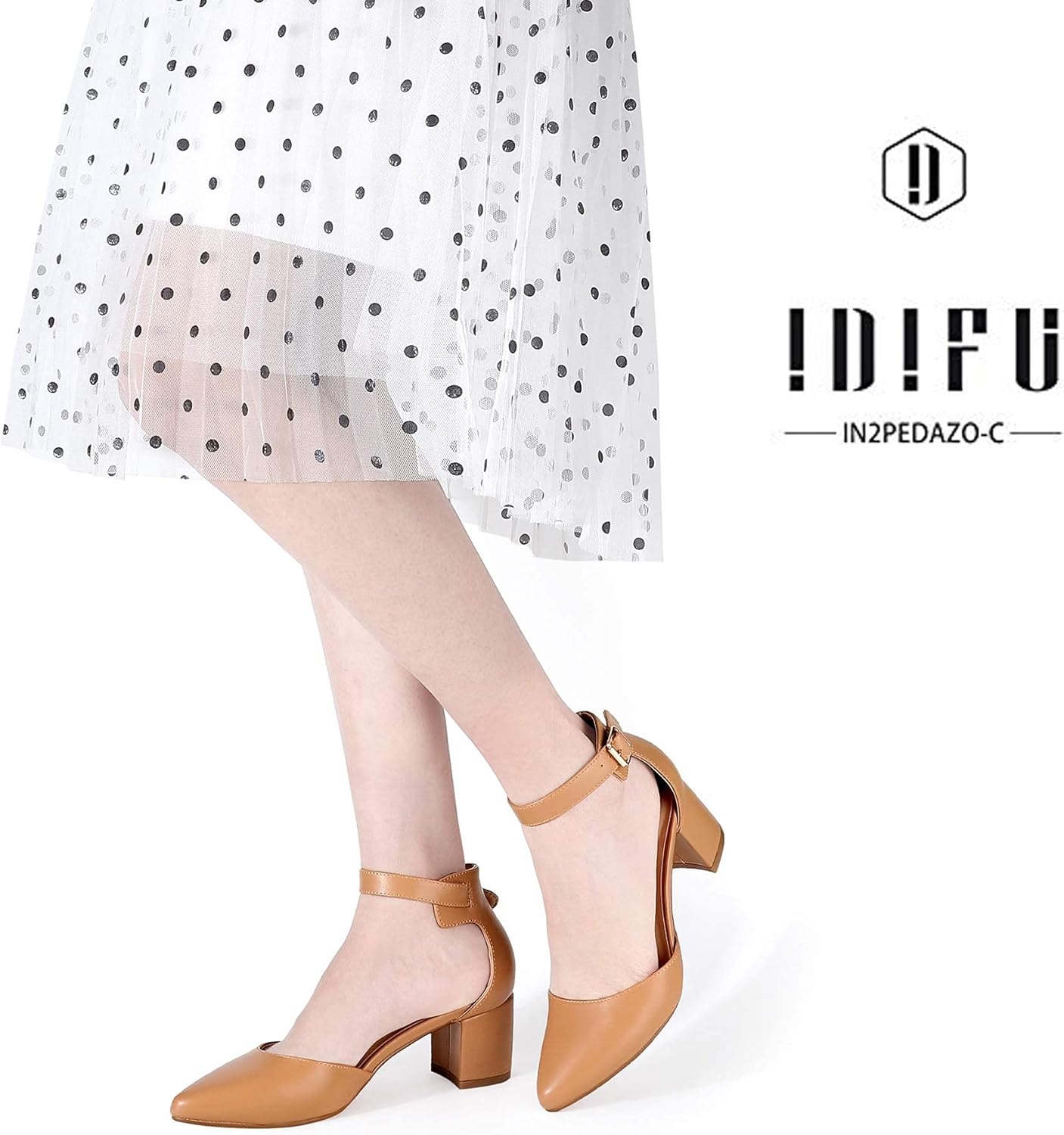 image:imageIDIFU Womens IN2 Pedazo Dress Shoes Low Block Heels Comfortable Chunky Closed Toe Ankle Strap Wedding PumpsNude Pu