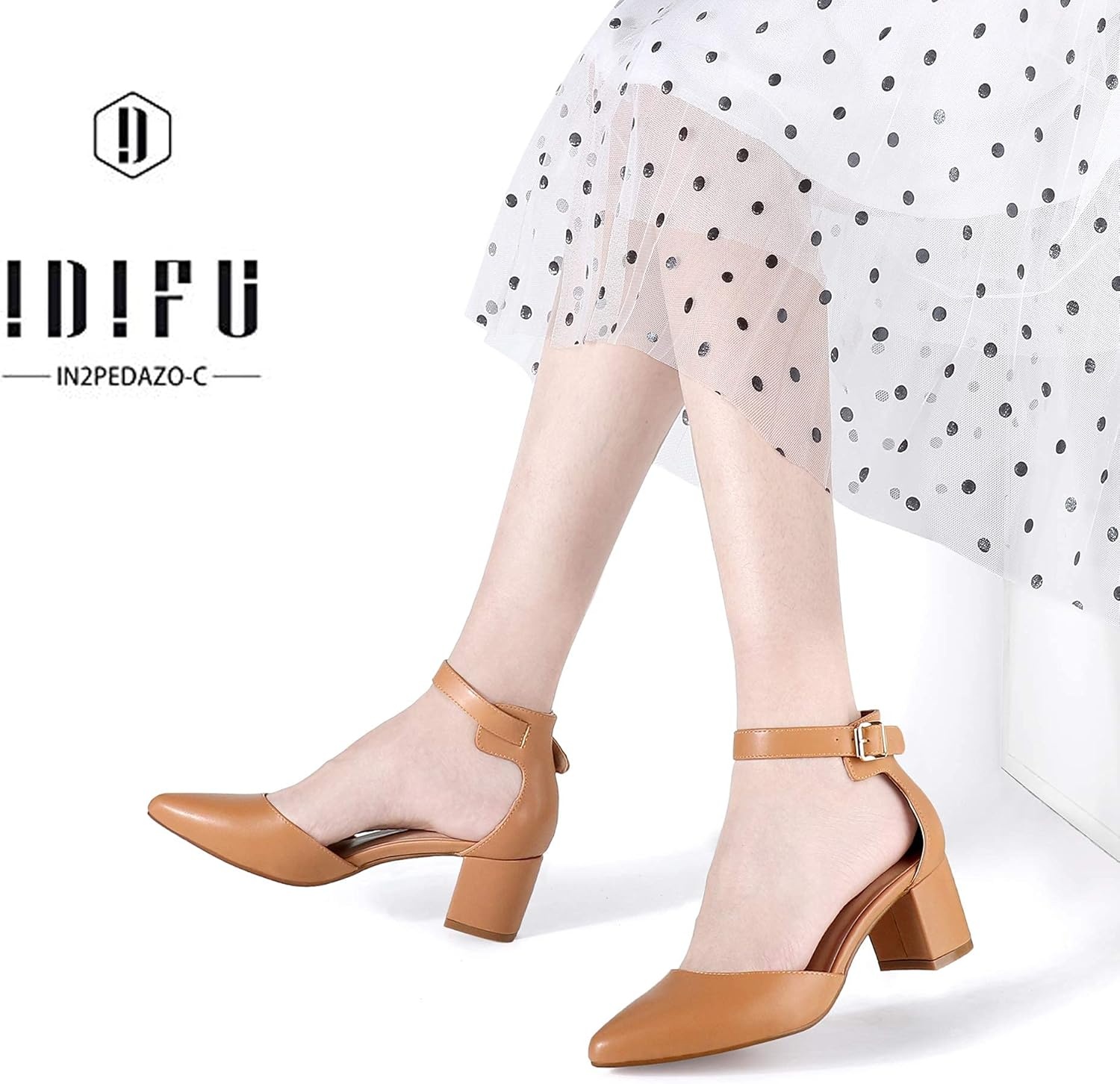 image:imageIDIFU Womens IN2 Pedazo Dress Shoes Low Block Heels Comfortable Chunky Closed Toe Ankle Strap Wedding PumpsNude Pu