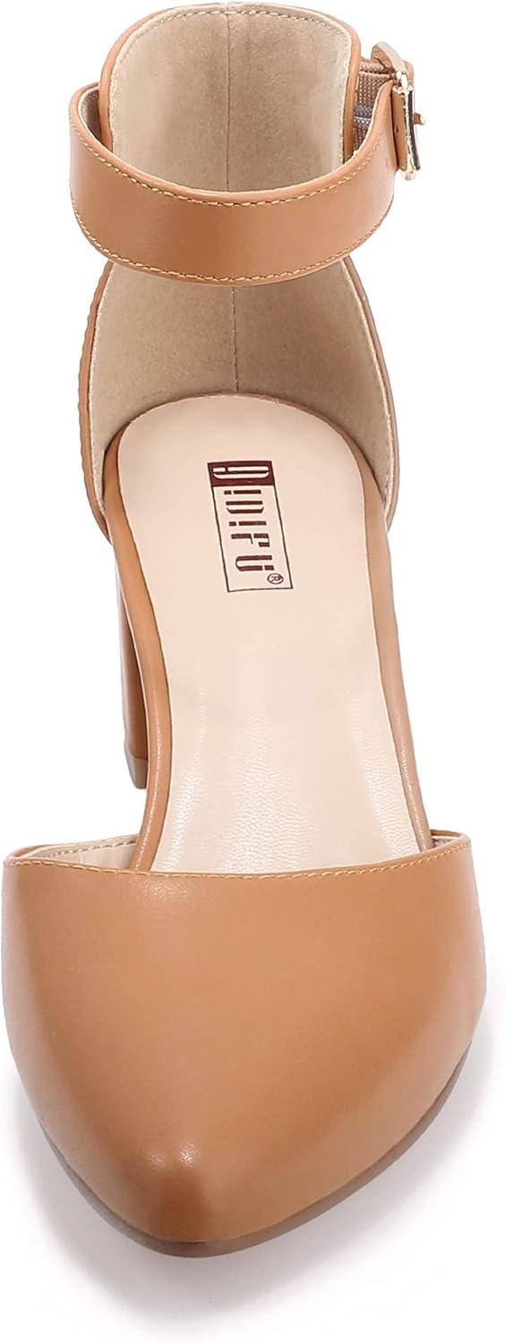image:imageIDIFU Womens IN2 Pedazo Dress Shoes Low Block Heels Comfortable Chunky Closed Toe Ankle Strap Wedding PumpsNude Pu