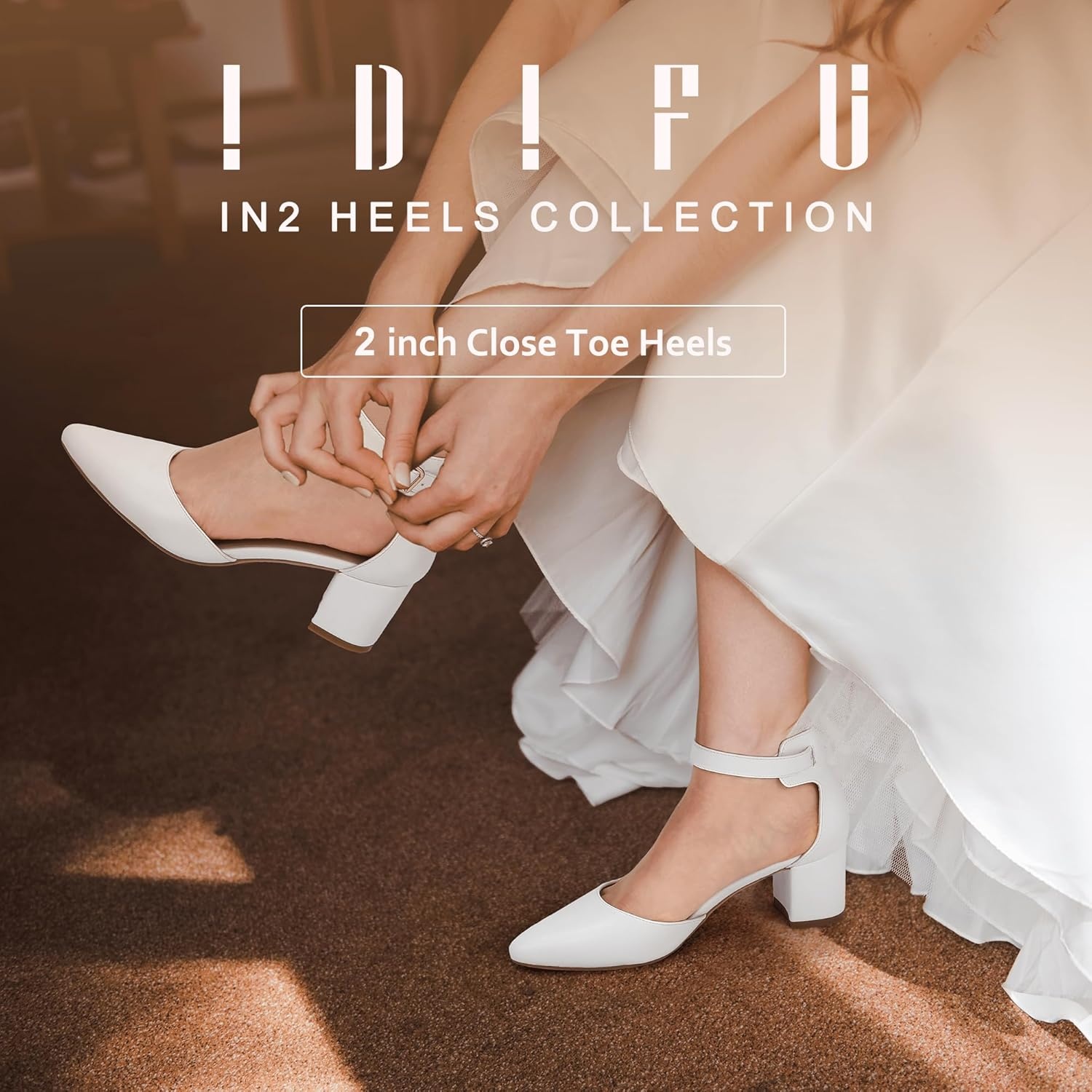 image:imageIDIFU Womens IN2 Pedazo Dress Shoes Low Block Heels Comfortable Chunky Closed Toe Ankle Strap Wedding PumpsWhite Pu