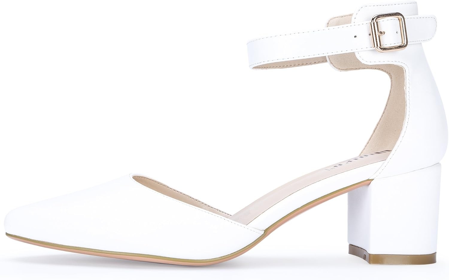 image:imageIDIFU Womens IN2 Pedazo Dress Shoes Low Block Heels Comfortable Chunky Closed Toe Ankle Strap Wedding PumpsWhite Pu