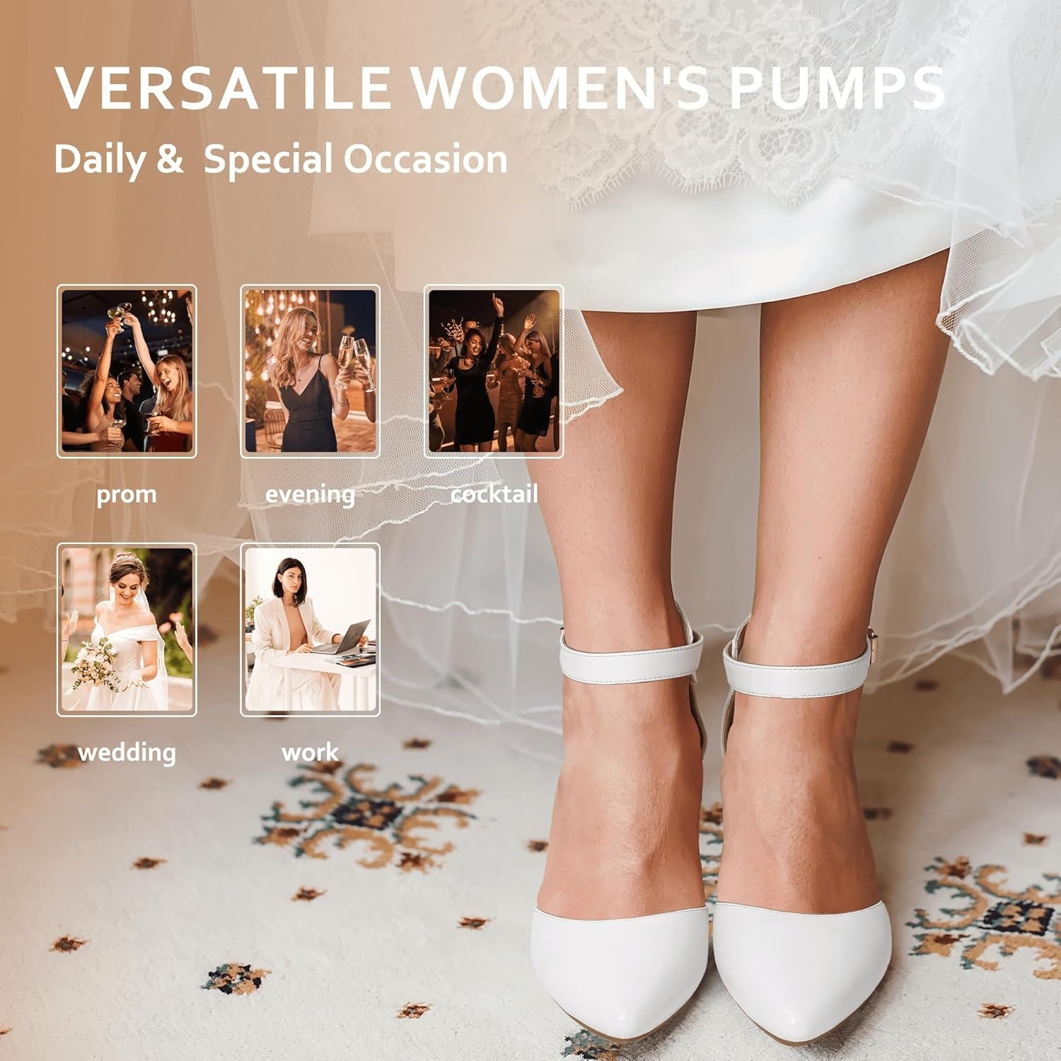 image:imageIDIFU Womens IN2 Pedazo Dress Shoes Low Block Heels Comfortable Chunky Closed Toe Ankle Strap Wedding PumpsWhite Pu