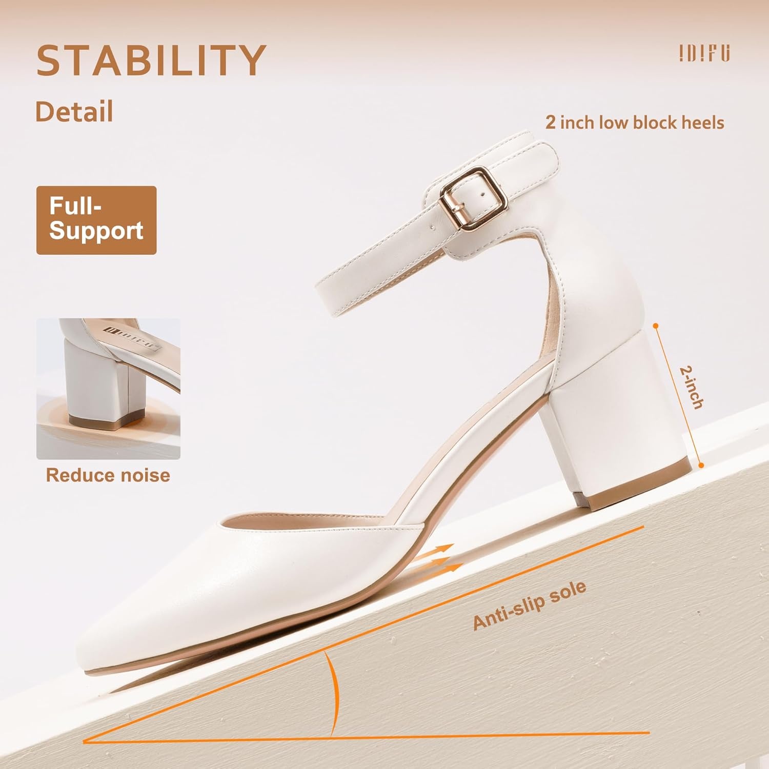 image:imageIDIFU Womens IN2 Pedazo Dress Shoes Low Block Heels Comfortable Chunky Closed Toe Ankle Strap Wedding PumpsWhite Pu