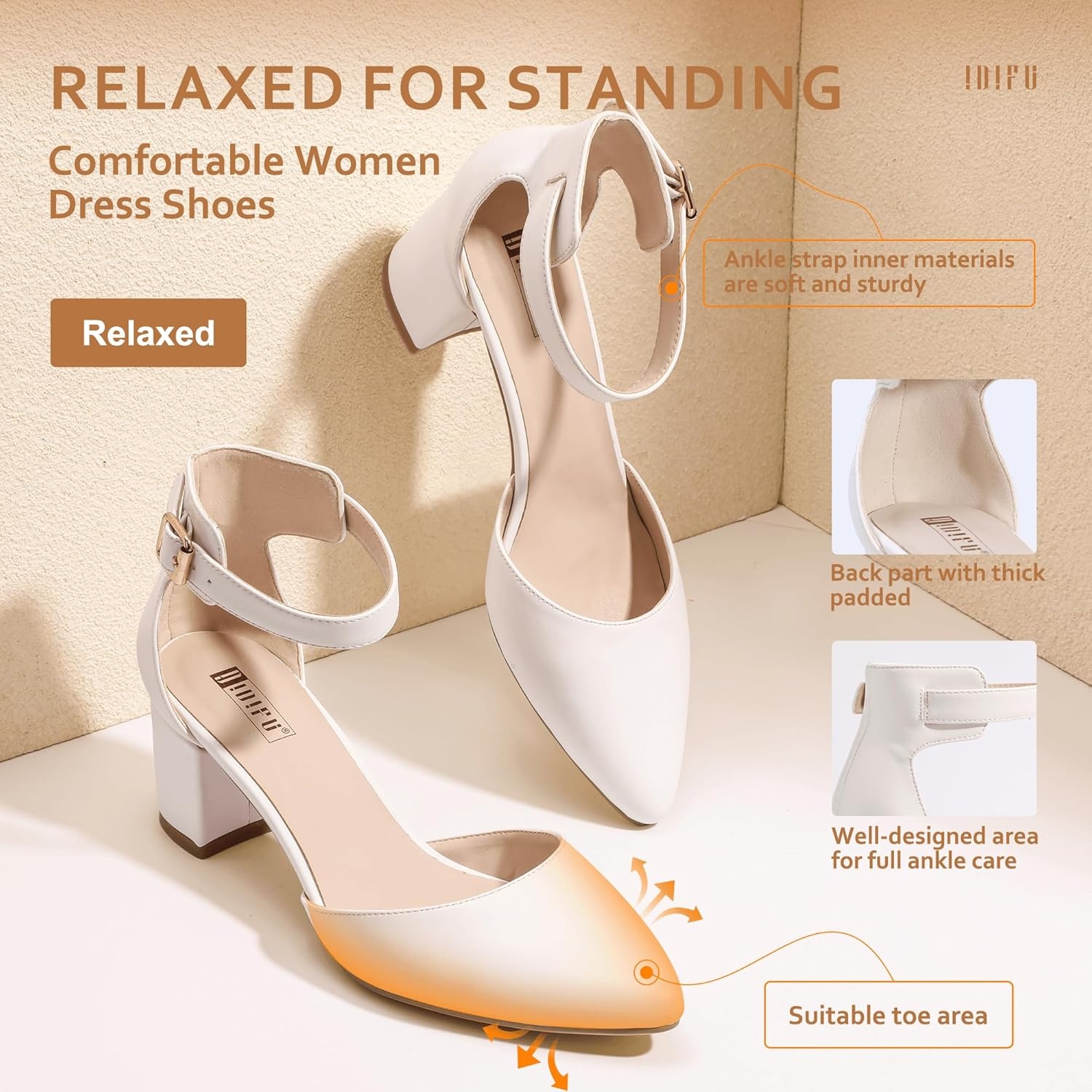 image:imageIDIFU Womens IN2 Pedazo Dress Shoes Low Block Heels Comfortable Chunky Closed Toe Ankle Strap Wedding PumpsWhite Pu