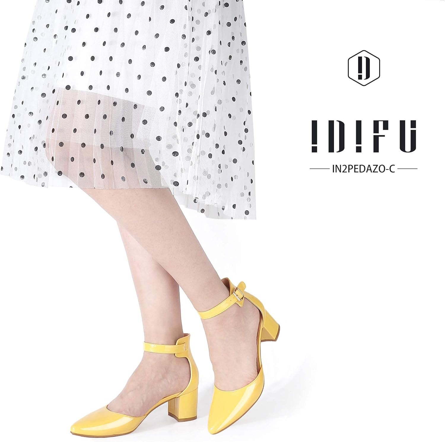 image:imageIDIFU Womens IN2 Pedazo Dress Shoes Low Block Heels Comfortable Chunky Closed Toe Ankle Strap Wedding PumpsYellow Patent