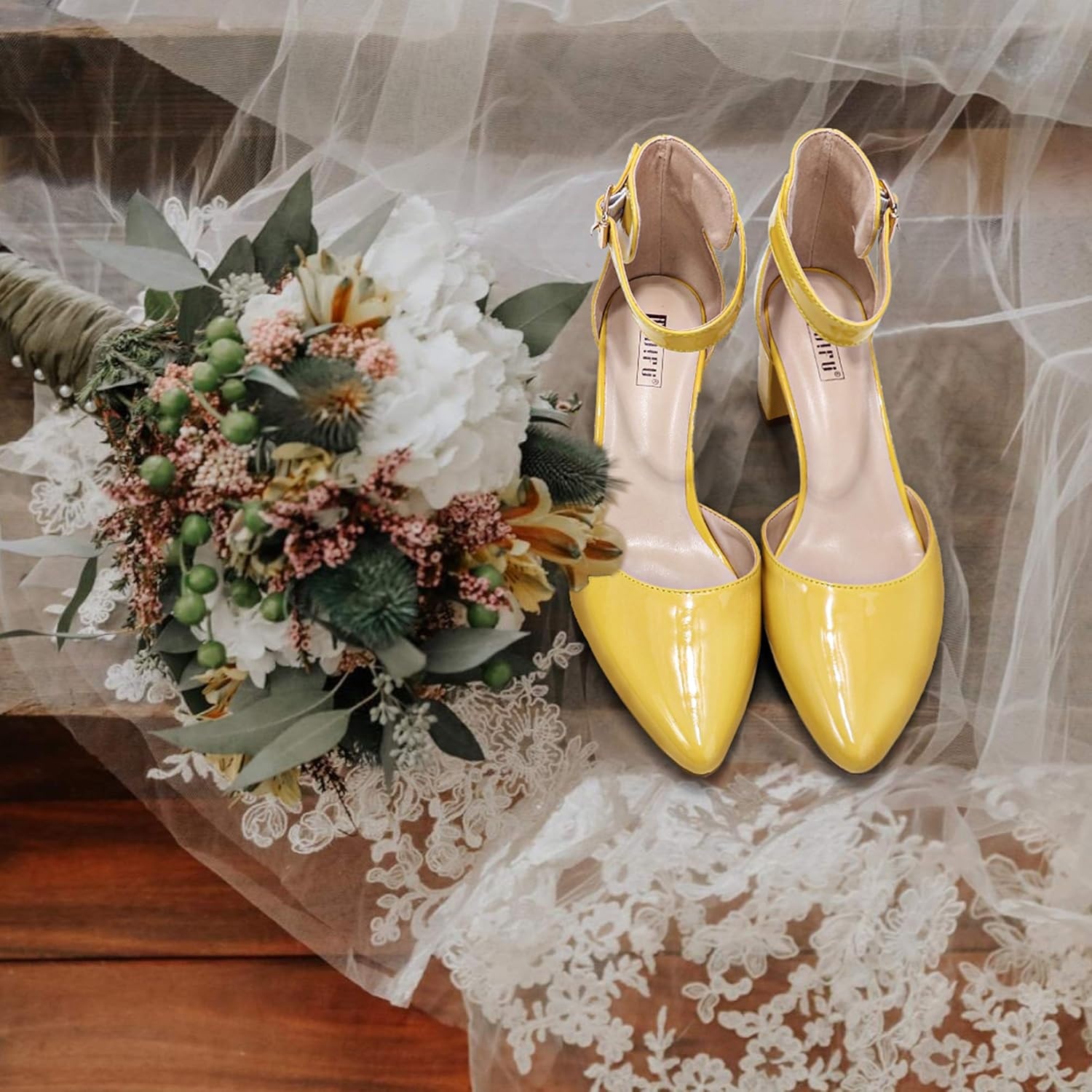 image:imageIDIFU Womens IN2 Pedazo Dress Shoes Low Block Heels Comfortable Chunky Closed Toe Ankle Strap Wedding PumpsYellow Patent