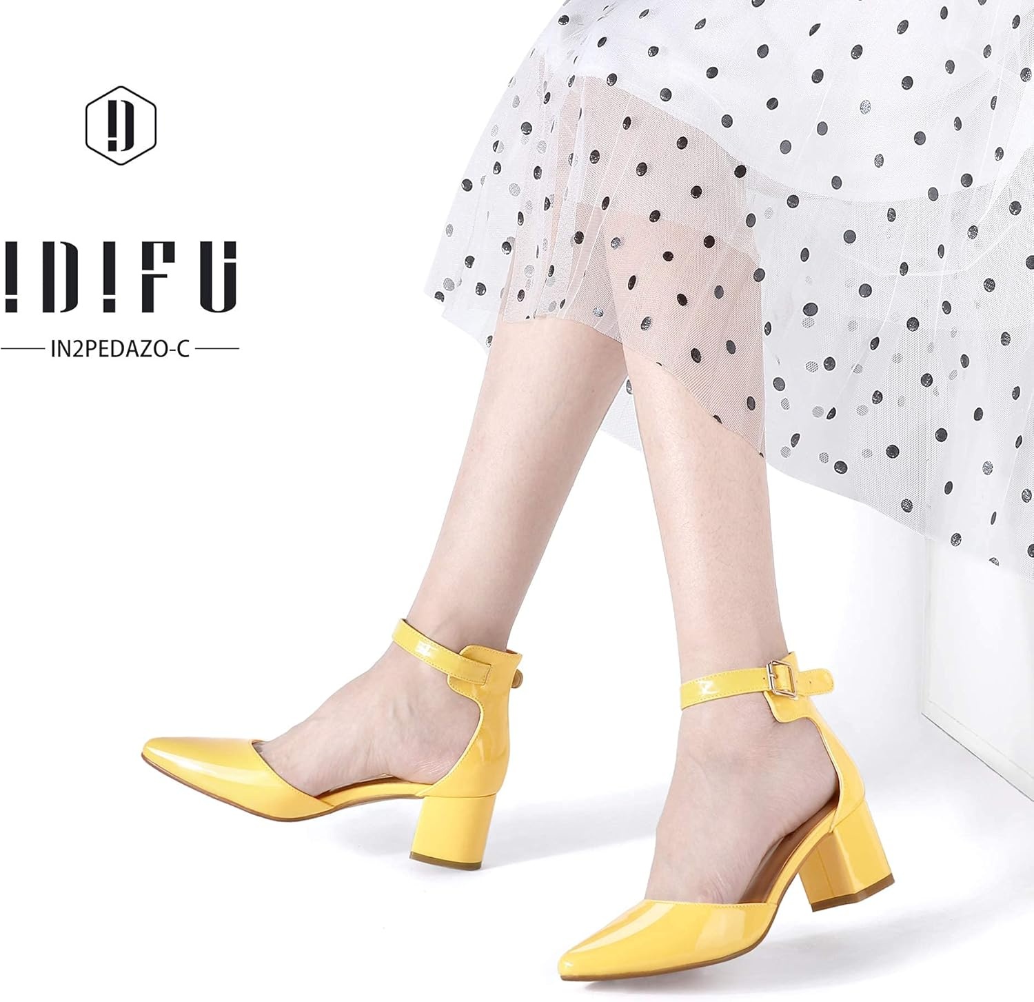 image:imageIDIFU Womens IN2 Pedazo Dress Shoes Low Block Heels Comfortable Chunky Closed Toe Ankle Strap Wedding PumpsYellow Patent