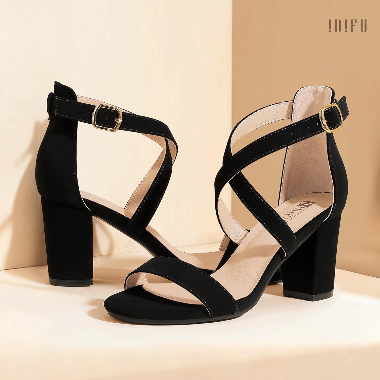 image:imageIDIFU Womens IN3 Grace Strappy Block Heels Sandals Comfy Open Toe Chunky Dress Wedding Shoes with Adjustable Cross StrapBlack Nubuck