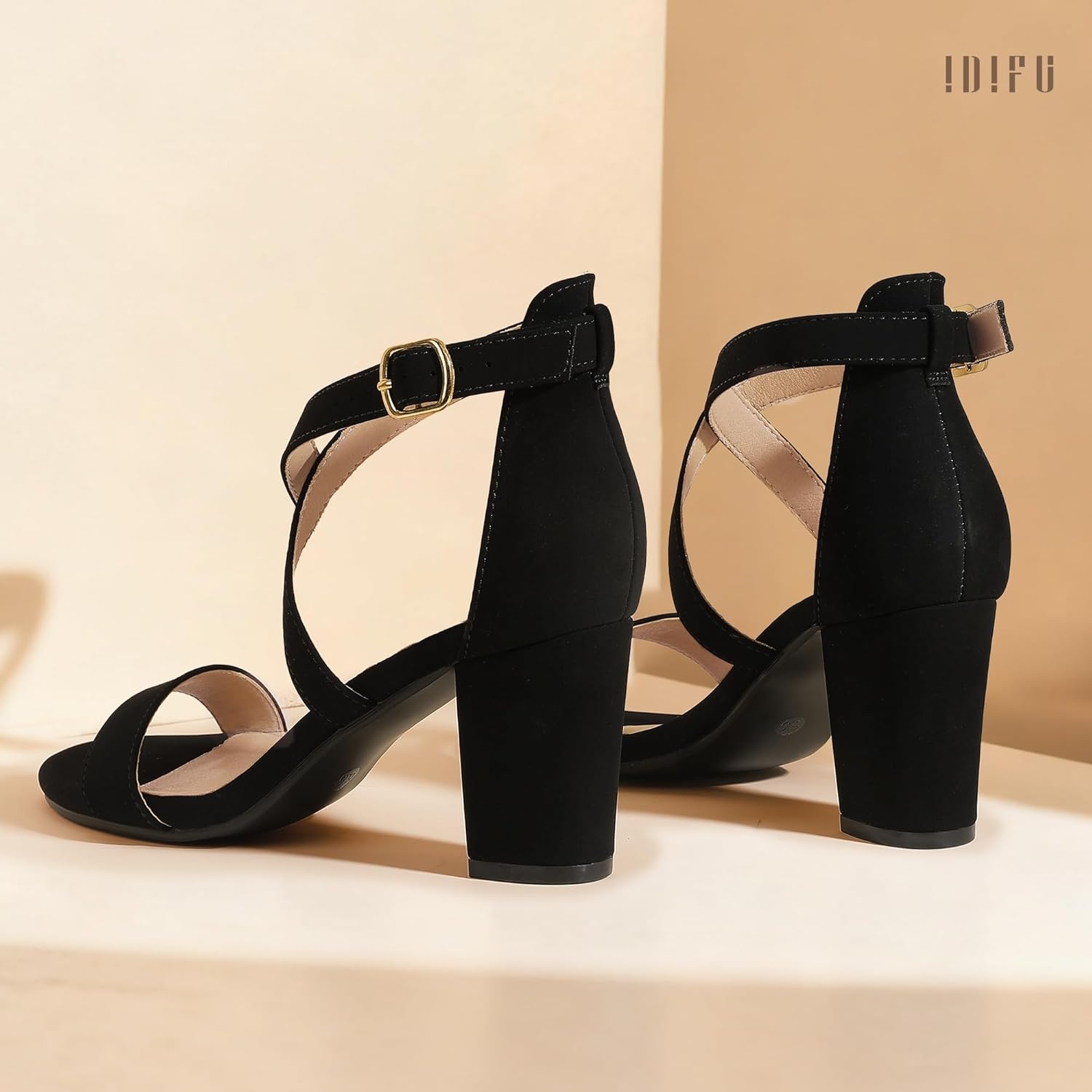 image:imageIDIFU Womens IN3 Grace Strappy Block Heels Sandals Comfy Open Toe Chunky Dress Wedding Shoes with Adjustable Cross StrapBlack Nubuck