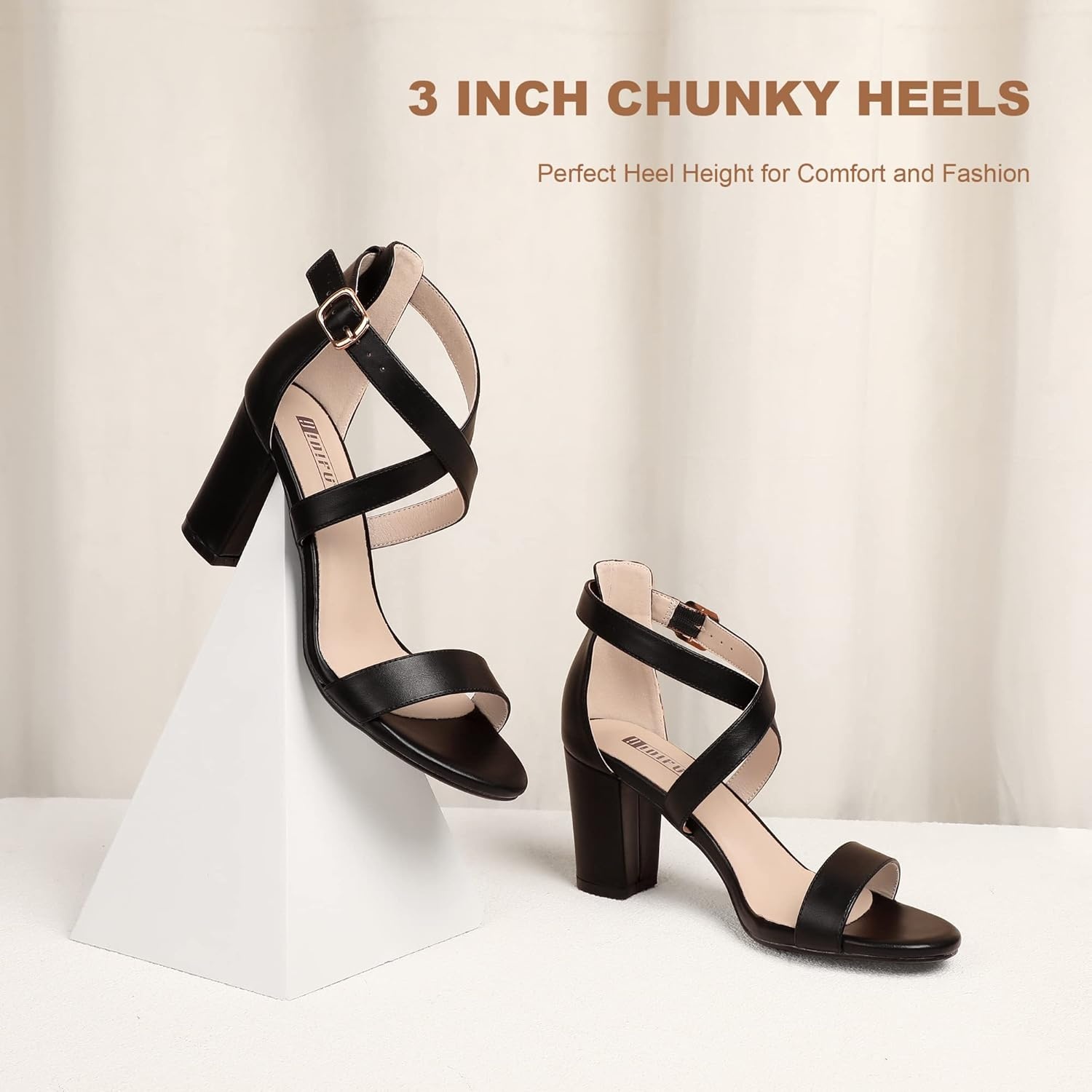 image:imageIDIFU Womens IN3 Grace Strappy Block Heels Sandals Comfy Open Toe Chunky Dress Wedding Shoes with Adjustable Cross StrapBlack Pu