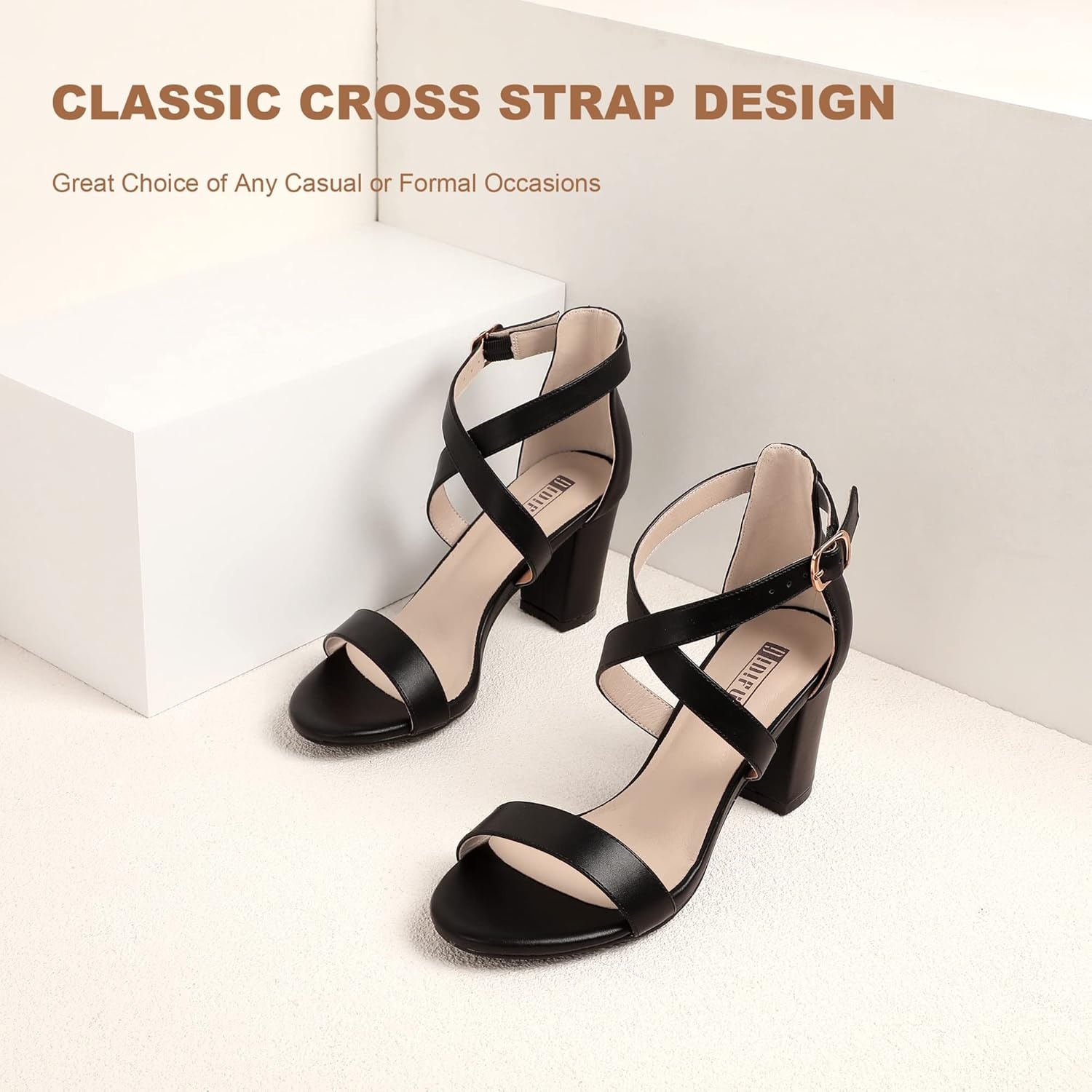 image:imageIDIFU Womens IN3 Grace Strappy Block Heels Sandals Comfy Open Toe Chunky Dress Wedding Shoes with Adjustable Cross StrapBlack Pu