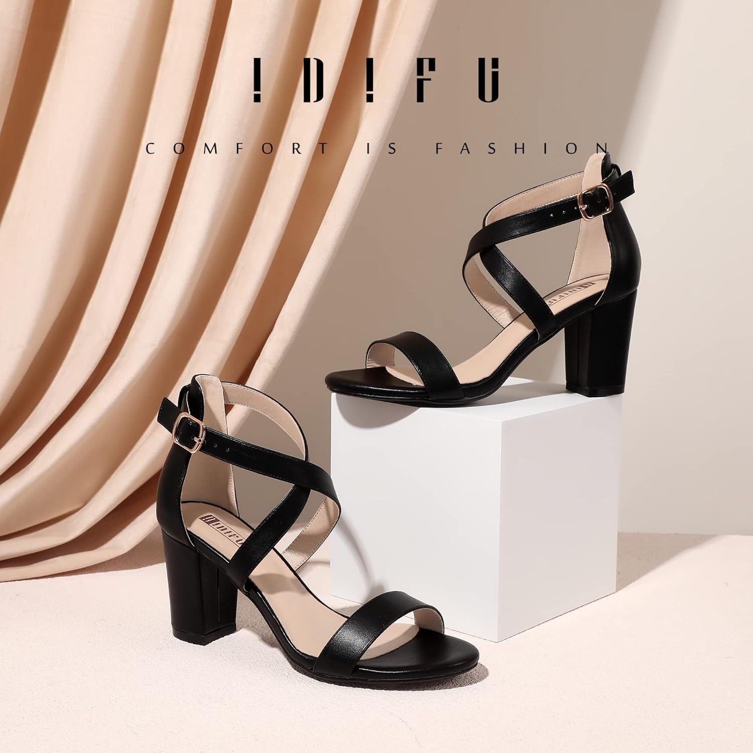 image:imageIDIFU Womens IN3 Grace Strappy Block Heels Sandals Comfy Open Toe Chunky Dress Wedding Shoes with Adjustable Cross StrapBlack Pu