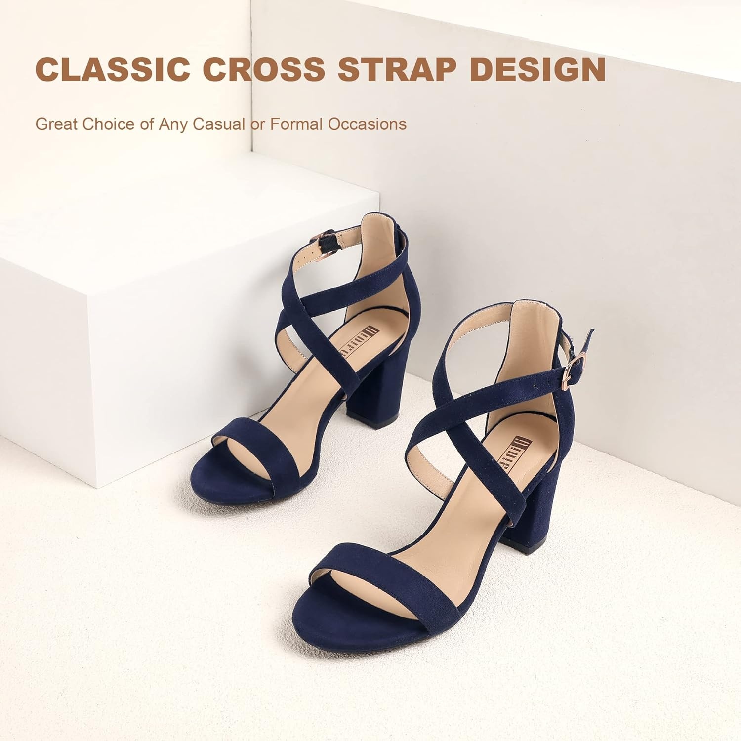 image:imageIDIFU Womens IN3 Grace Strappy Block Heels Sandals Comfy Open Toe Chunky Dress Wedding Shoes with Adjustable Cross StrapBlue Suede