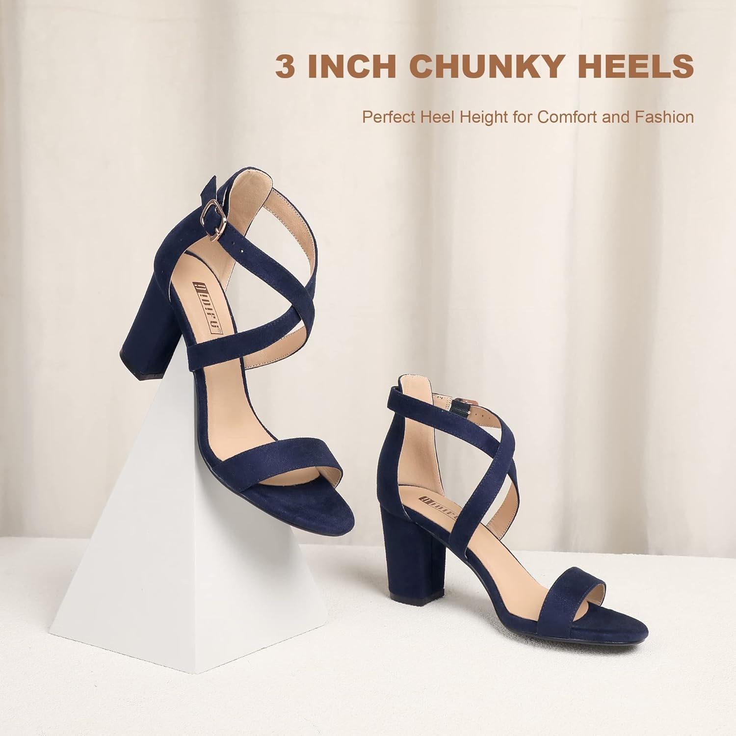 image:imageIDIFU Womens IN3 Grace Strappy Block Heels Sandals Comfy Open Toe Chunky Dress Wedding Shoes with Adjustable Cross StrapBlue Suede