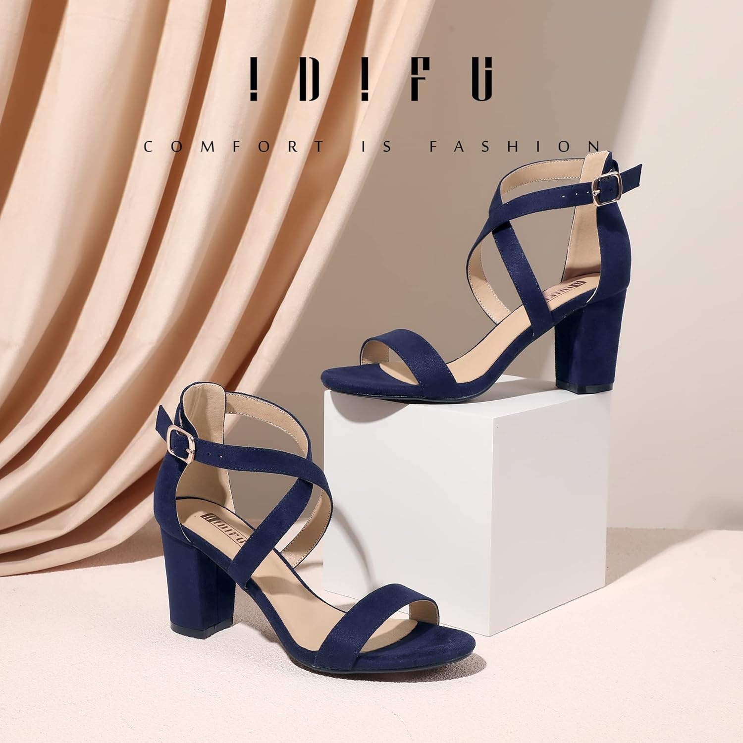 image:imageIDIFU Womens IN3 Grace Strappy Block Heels Sandals Comfy Open Toe Chunky Dress Wedding Shoes with Adjustable Cross StrapBlue Suede