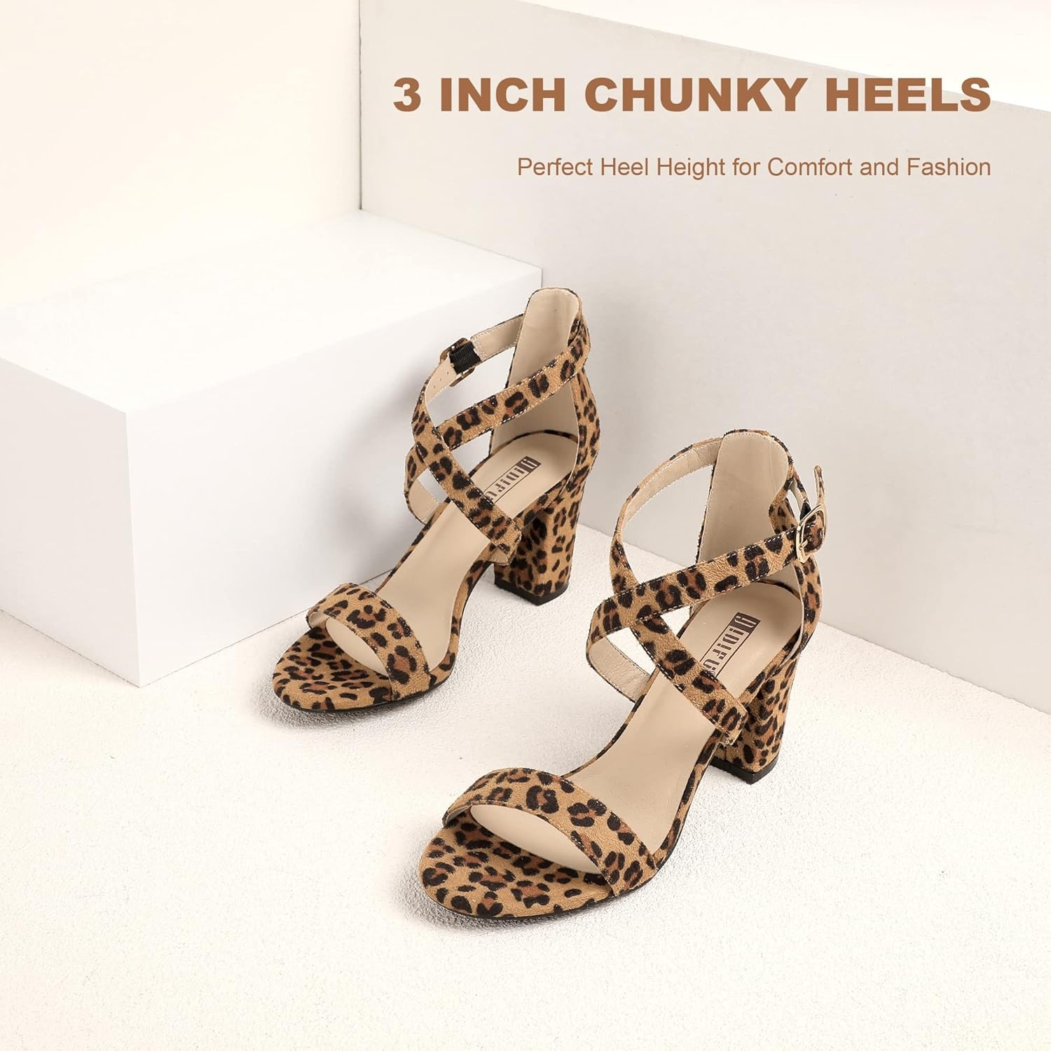 image:imageIDIFU Womens IN3 Grace Strappy Block Heels Sandals Comfy Open Toe Chunky Dress Wedding Shoes with Adjustable Cross StrapCheetah Suede