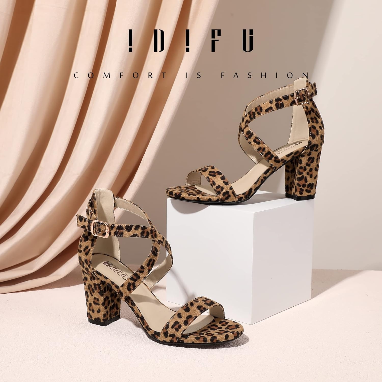 image:imageIDIFU Womens IN3 Grace Strappy Block Heels Sandals Comfy Open Toe Chunky Dress Wedding Shoes with Adjustable Cross StrapCheetah Suede