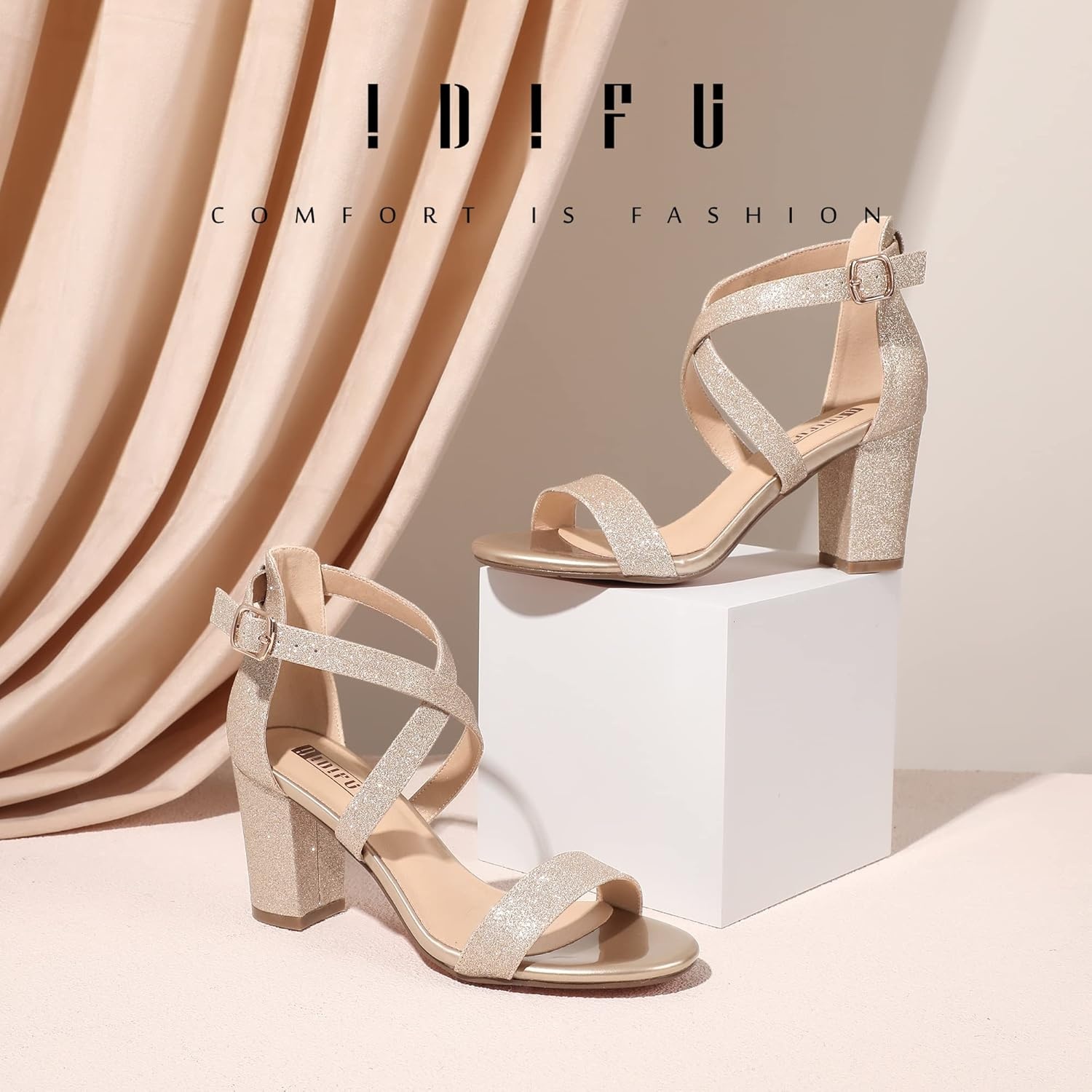 image:imageIDIFU Womens IN3 Grace Strappy Block Heels Sandals Comfy Open Toe Chunky Dress Wedding Shoes with Adjustable Cross StrapGold Glitter
