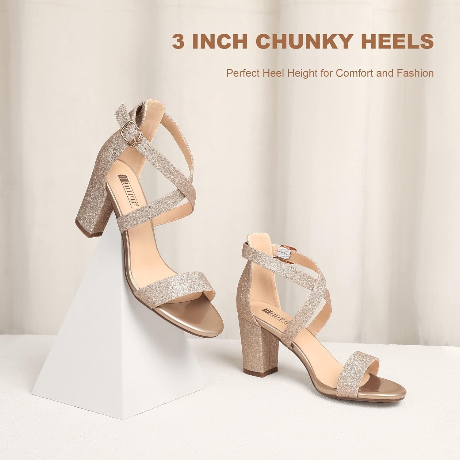image:imageIDIFU Womens IN3 Grace Strappy Block Heels Sandals Comfy Open Toe Chunky Dress Wedding Shoes with Adjustable Cross StrapGold Glitter