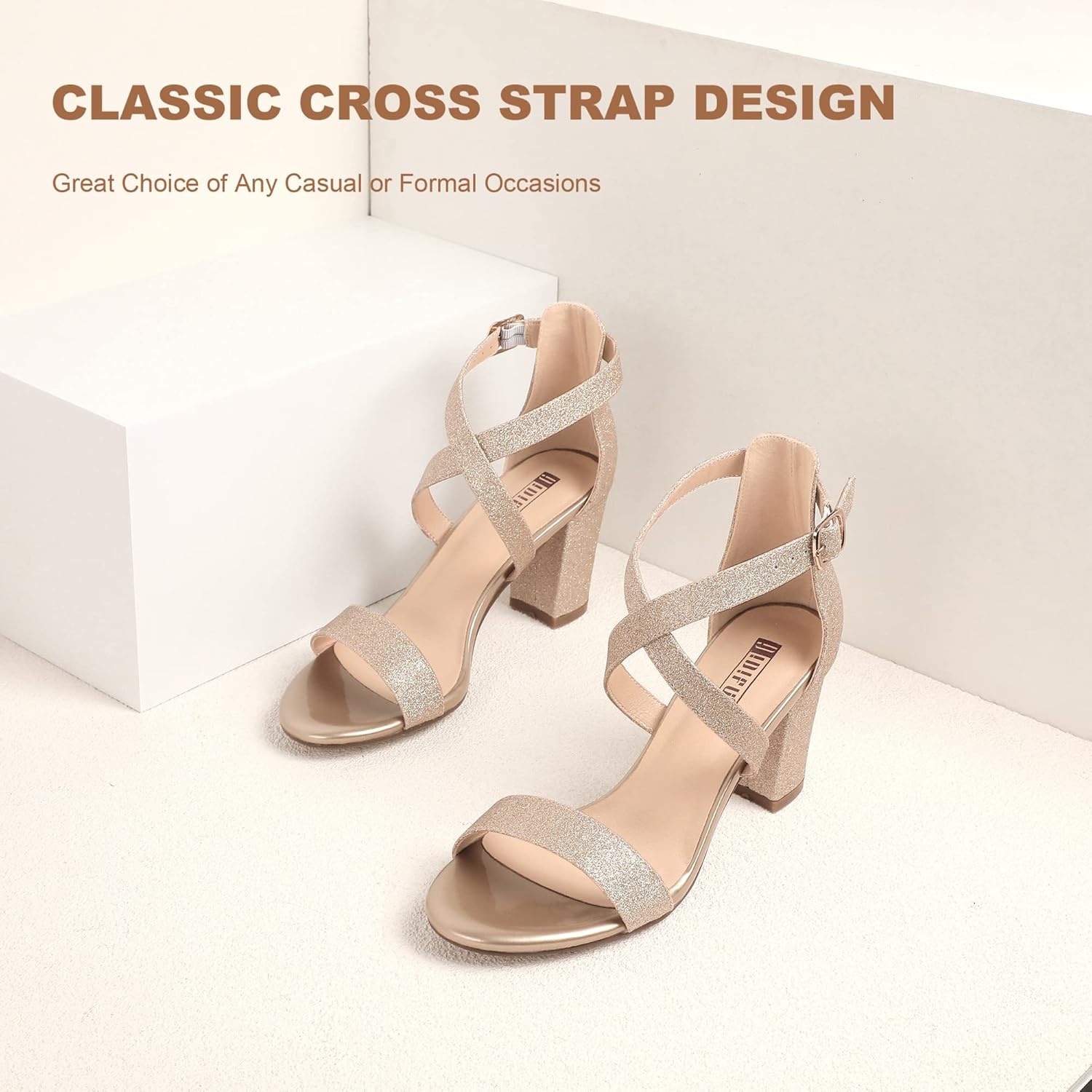 image:imageIDIFU Womens IN3 Grace Strappy Block Heels Sandals Comfy Open Toe Chunky Dress Wedding Shoes with Adjustable Cross StrapGold Glitter