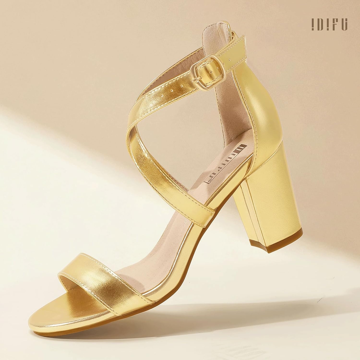 image:imageIDIFU Womens IN3 Grace Strappy Block Heels Sandals Comfy Open Toe Chunky Dress Wedding Shoes with Adjustable Cross StrapGold Pu