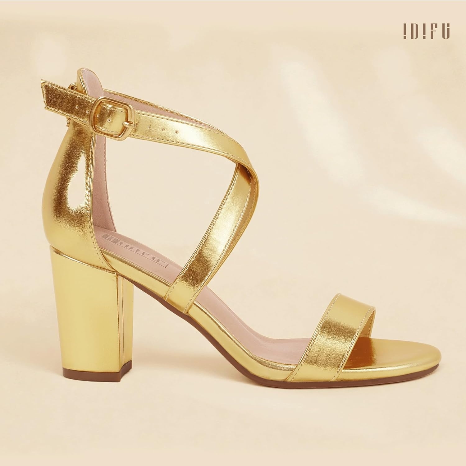 image:imageIDIFU Womens IN3 Grace Strappy Block Heels Sandals Comfy Open Toe Chunky Dress Wedding Shoes with Adjustable Cross StrapGold Pu